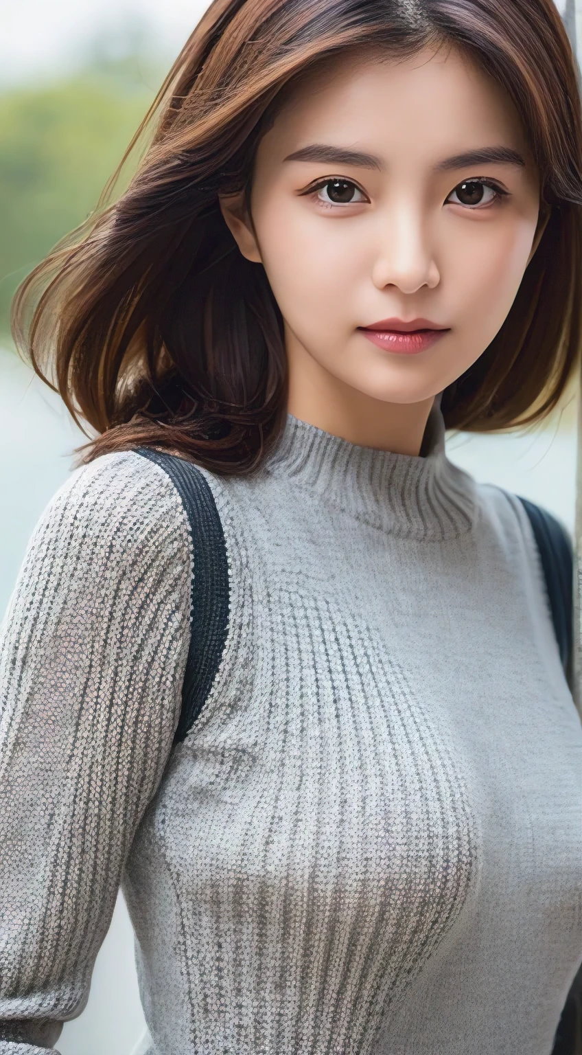 Tabletop, highest quality, figure, Very detailed, In detail, High resolution, 8k wallpaper, Perfect dynamic composition, Beautiful fine details,  Natural Lip, long sleeve gray knit dress, Small breasts,  Random cute poses,RAW Photos,KPOP idol faces,cute,Face close-up