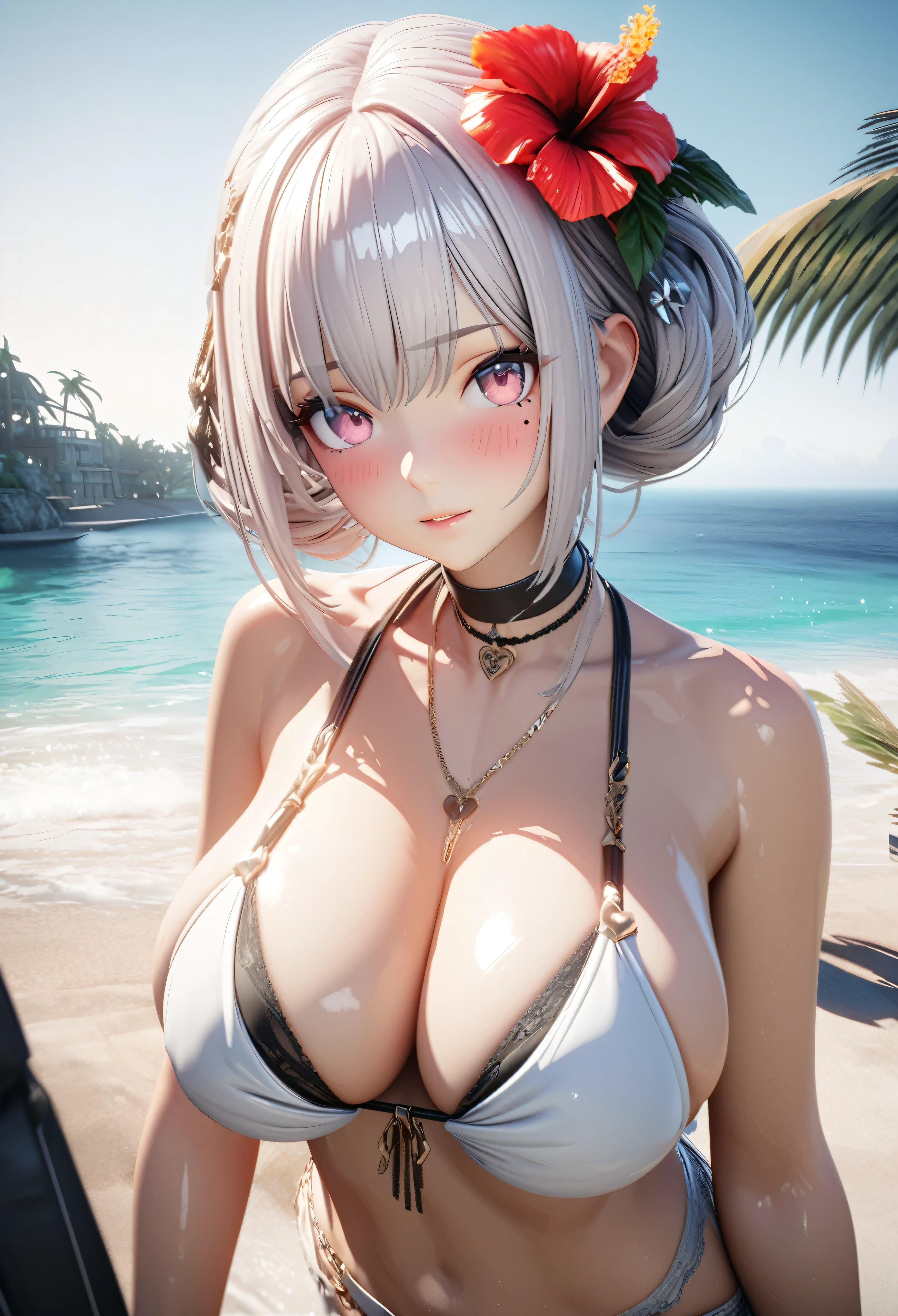 masterpiece,highest quality, Very detailed, High resolution, expensive resolution, High resolution, 4K, 8k, unity 8k wallpaper, Very detailed CG, masterpiece, 2D, 3D, Beautiful details, depth, Fine texture , highest quality: 1.3, Fully focused, Crispy.skin, .he,
Very cute anime girl 、Bikini、Large 、Pink medium-long hair wearing expensive , One Girl、Palm tree、Seaside, Mole under the eye, looking at the viewer , expensive , blush, Mole, Lips parted, Hibiscus hair accessory, heart, Pink Eyes, choker