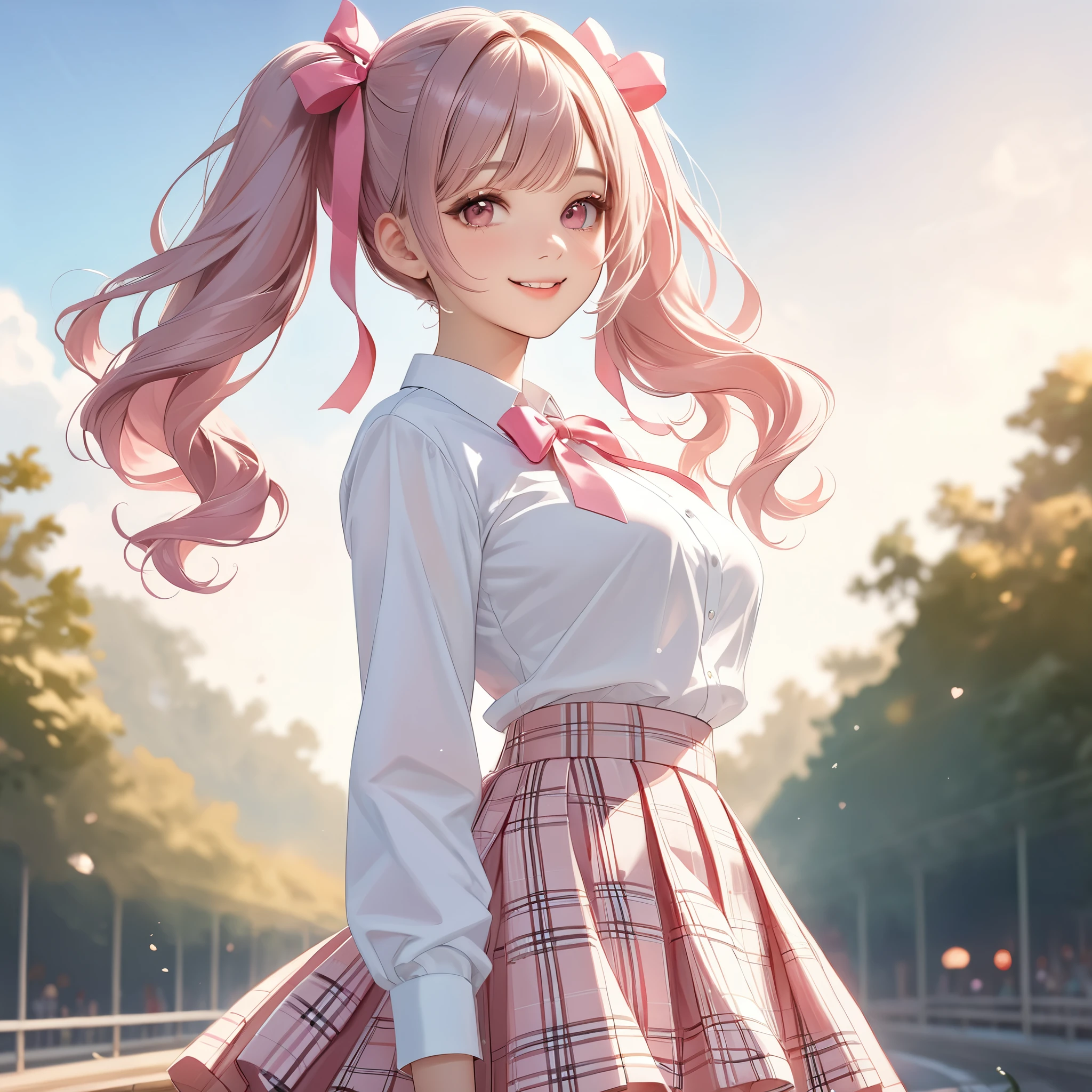 (8K, masutepiece, Highest Quality, Best Quality, Official art, Breathtaking beauty and aesthetics, A highly detailed, The best masterpiece in history that exceeds limits, Breathtaking and beautiful lighting:1.2), (1 Absolute Beautiful Girl, Solo), (sixteen years old), (beautiful detailed face), (shiny white skin), (beautiful detailed pink twin tails hair, Bangs:1.3), (beautiful detailed adolable drooing pink eyes:1.3), (high school uniform), (white shirt, pastel pink Tartan Plaid pleated skirt, patsel pink ribbon:1.3), (Beautiful big bust:1.3), (happy smile, Beautiful smile, Gentle smile, cute smile, innocent smile:1.2), (Attractive, amazing, Beautiful, Elegant, Luxurious, magnifica, Happy, Eye-catching, the ultimate beauty, Supreme Beauty, Superlative beauty, Elegant, Graceful, Everyone loves it, Beauty that fascinates everyone, Healed, The highest level of complete beauty, cute like an idol, Stylish like a fashion model, Goddess-like grace, Be loved, cute little, adolable), Look at the camera, cute pose, breathtaking scenery, (ultra detailed realistic Beautiful high school study, blue sky, morning:1.3),