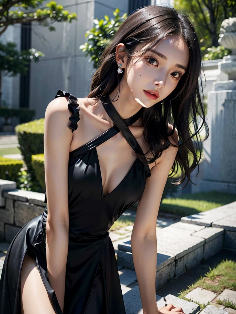 absurdres, RAW photo, extremely delicate and beautiful, masterpiece, Best Quality, ultra high resolution, 32k, hyperrealistic, ultra-detailed, perfect anatomy, anatomically correct, perfect figure, super Detailed skin, 20 years old, very Slim body, narrow waist, very small head, very small face, delicate facial features, detailed face, detailed eyes, tearful mole, earring, thin legs, bare legs, very huge round breasts, short medium hair, ((wavy hair)), wet clothes, ((black gorgeous long dress)), ((regalia)),