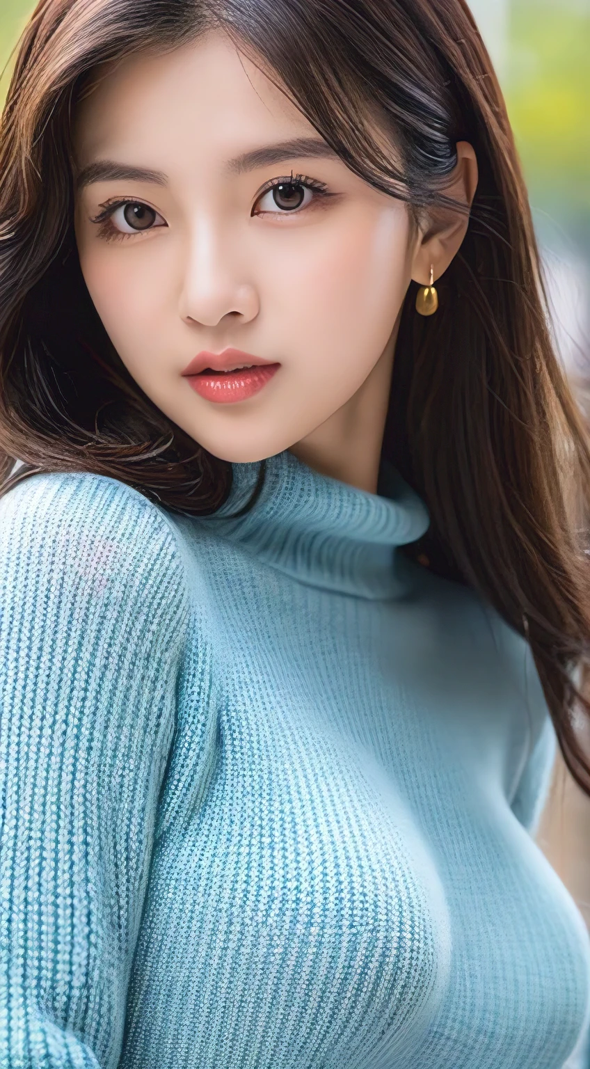 Tabletop, highest quality, figure, Very detailed, In detail, High resolution, 8k wallpaper, Perfect dynamic composition, Beautiful fine details, Natural Lip, long sleeve gray knit dress, Small breasts, Random cute poses,RAW Photos,KPOP idol faces,cute,Face close-up