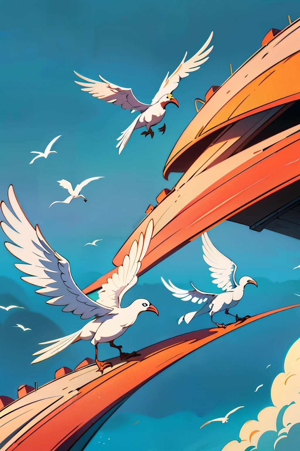 Masterpiece, best quality), Three joyful crested ibises soaring above treetops,
Simple lines, solid colors, warm hues, young audience pleasing,
Minimalist artist inspired, cartoon art style, bright and cheerful atmosphere,
Background: pristine, pristine white.
