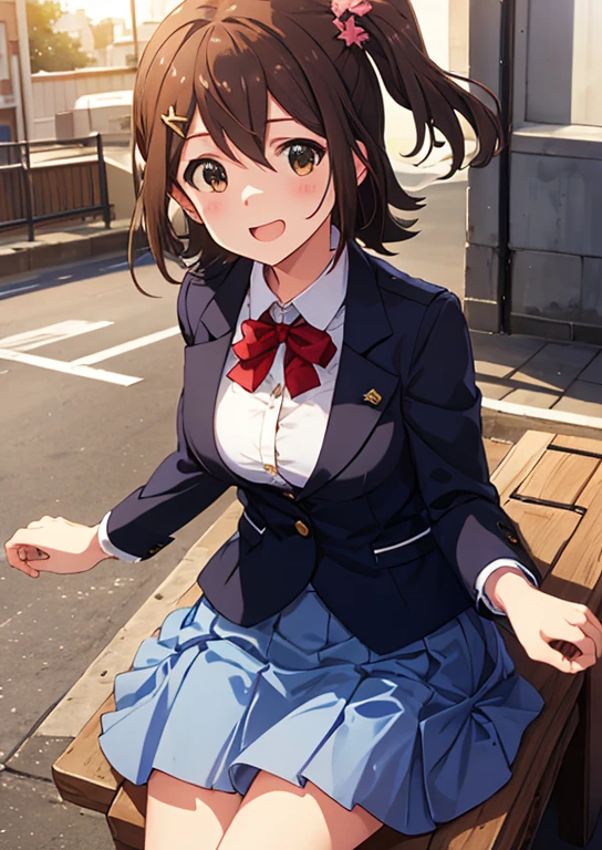 Mirai Kasuga, (highest quality, 8k, masterpiece, Very detailed:1.2), (Lens flare, Particles of light, Shine), Big Breasts, smile, Open your mouth, masterpiece, highest quality, Very detailed, High resolution, Very detailedなCG, (Official Art), Navy Blue Blazer, Check skirt, Light blue skirt, Short skirt, (Embarrassing:1.1), (blush:1.2), Open your mouth, (shout:1.1), (Moving lines:1.1),  blue sky, School, Cowboy Shot