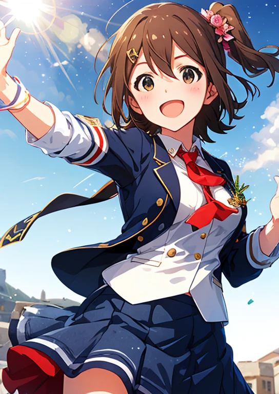 Mirai Kasuga, (highest quality, 8k, masterpiece, Very detailed:1.2), (Lens flare, Particles of light, Shine), Big Breasts, smile, Open your mouth, masterpiece, highest quality, Very detailed, High resolution, Very detailedなCG, (Official Art), Navy Blue Blazer, Check skirt, Light blue skirt, Short skirt, (Embarrassing:1.1), (blush:1.2), Open your mouth, (shout:1.1), (Moving lines:1.1),  blue sky, School, Cowboy Shot