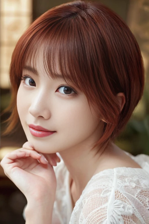 (photorealistic:1.75),(NSFW:0.5),(masterpiece,Ultra HD:1.5),(A mesmerizing close-up of an alluring Japanese girl:1.5), featuring intricate and lifelike facial details, particularly her enchanting symmetrical clear ultra beautiful eyes and exquisite lips. Her face is ultra cute and idol-like. (She wears natural makeup. She has small breasts and a slim waist:1.0). Her expression radiates a natural and youthful charm, emphasized by her long and voluptuous eyelashes. She is facing forward.She is ladylike. Adorning her face is a fashionable, short haircut that shimmers with a gentle sheen. (She has red hair:1.2). Her flawless complexion resembles delicate porcelain, exuding an aura of graceful perfection. The symmetry and refinement of her facial structure accentuate her inherent beauty.
 
An illuminating big smile graces her countenance, capturing her cheerful and optimistic spirit. Her body possesses ideal proportions, boasting an ultra-slim and graceful waistline. Delicately slender hands and feet further highlight her elegance. (She is wearing an  only white camisole:1.5), creating a contrast against her vibrant red hair and emphasizing her delicate features.

The portrait is rendered in a photorealistic style, capturing every detail and evoking a sense of realism. The colors used are vibrant and lifelike, breathing life into the image. Soft and warm lighting envelops the scene, casting a gentle glow on the girl's captivating features. Every detail, from the intricate highlights to the subtle shadows, has been meticulously crafted to enhance the overall realism of the portrait. The level of detail is astonishing, allowing viewers to appreciate the fine nuances and textures of the subject. The image quality is of the highest standard, ensuring a visually stunning and immersive experience. The final image is a true masterpiece, showcasing the beauty and allure of the Japanese girl in exquisite detail.