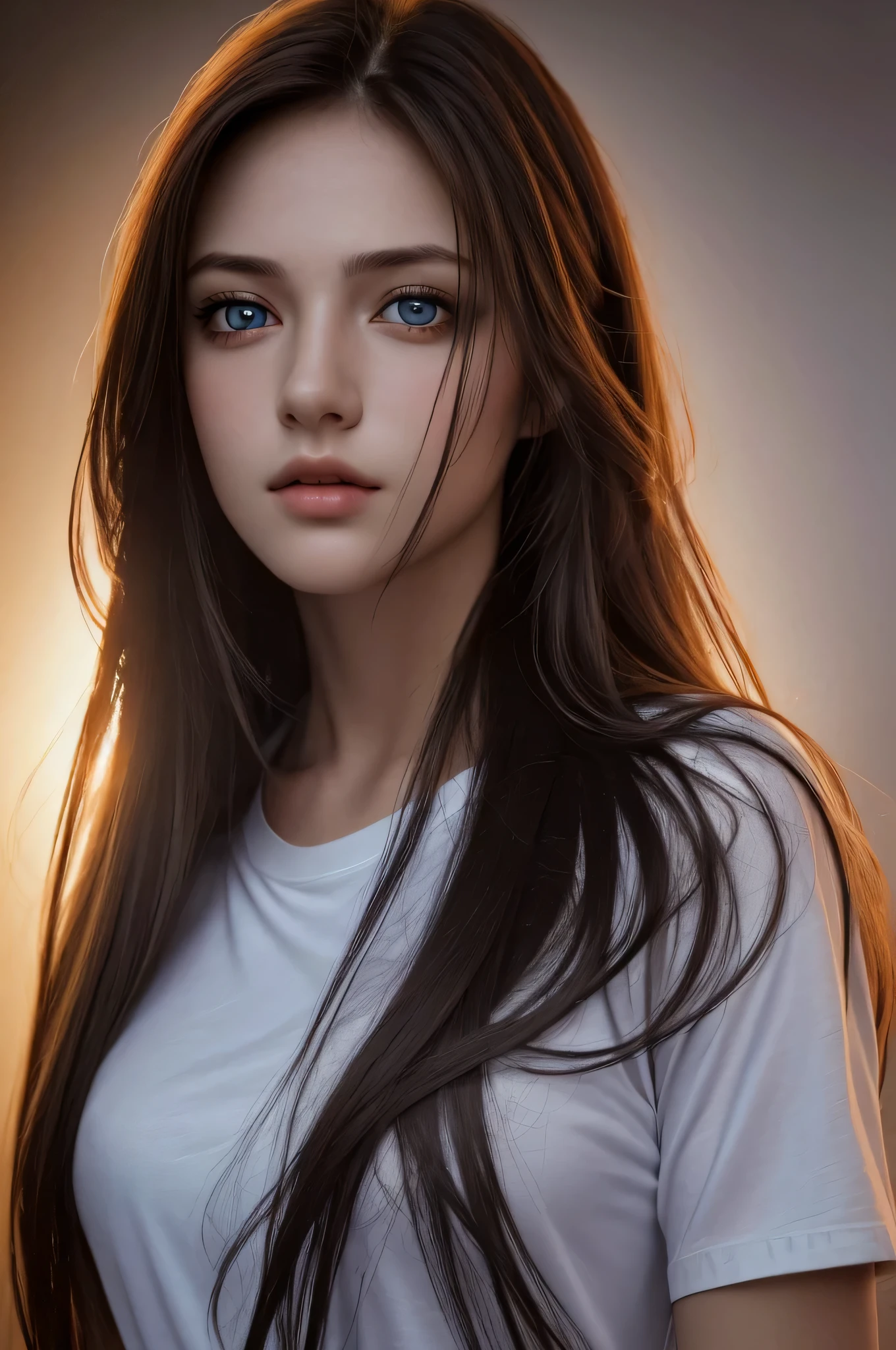 Best quality, masterpiece, ultra high res, (photorealistic:1.37), raw photo, 1girl, long hair, beautifull eyes,  beautifull face, detailed eyes and face, t-shirt, dynamic lighting, in the dark, deep shadow, low key, cowboy shot