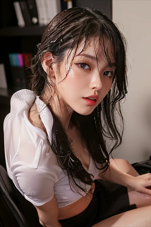 (a detailed portrait RAW photo of a gorgeous beautiful ((German)) , realistic, solo, side view, POV, looking in camera, intense stare, (masterpiece),(photorealistic:1.3), nfsw, ultra-detailed, (high detailed skin:1.2),(best quality:1.0), (ultra highres:1.0), fit, back light, slim, beautiful, Wearing a stylish form fitting clothes, formal office shirt, short sleeve, stylish watch, short black skirt, long hair, 2 strands of hair tendrils, bangs, Captured from a low view angle, The scene set in a dark room at night. Best quality, 4k, Masterpiece :1.3), pretty woman, 1girl, ( firm breasts, attractive body :1.2), abs :1.1, red brown hair: 1.1, makeup, black eyeshadow, black eyeliner, red blush, (sweat, sweaty body, wet body :1.2), red bra, (wet hair, plastered to neck and face), ultra-detailed face, detailed lips, mouth closed, red lipstick, detailed eyes, bright green eyes, double eyelid, red panties, touching self, legs open wide