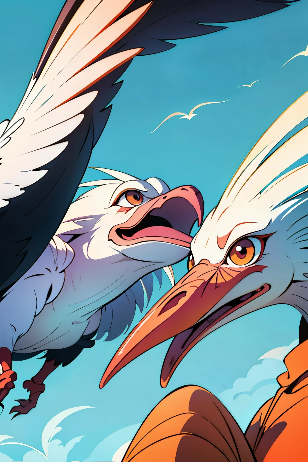 Masterpiece, best quality), Three joyful crested ibises soaring above treetops,
Simple lines, solid colors, warm hues, young audience pleasing,
Minimalist artist inspired, cartoon art style, bright and cheerful atmosphere,
Background: pristine, pristine white.