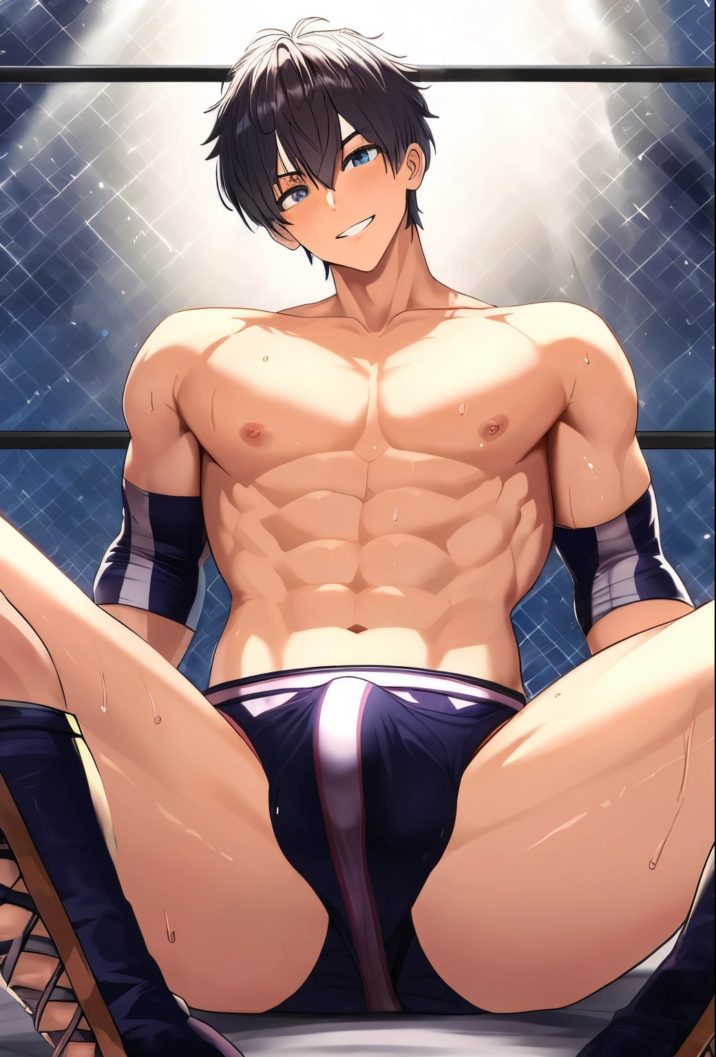 anime guy with a muscular body sitting on a bed, Cool anime poses, Anime handsome man, male anime character, muscular!!, Tall anime man with blue eyes, OPPEIN, Inspired by Tessai Tomioka, Hajime Yatate, Handsome Japanese demon boy, Joseph Joestar, muscular的姿势, Makoto