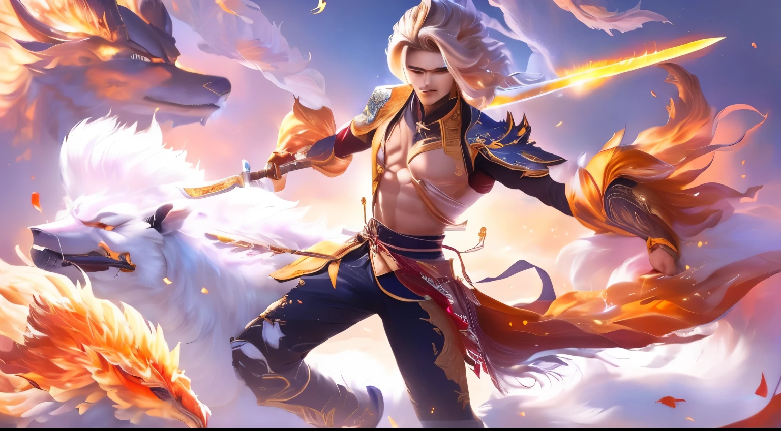 a close up of a person holding a sword and a fire, inspired by Yang Jin, heise jinyao, inspired by Huang Shen, sun wukong, zhongli from genshin impact, keqing from genshin impact, phoenix warrior, bian lian, xianxia hero, flying scarlet phoenix, by Ren Renfa, g liulian art style, realistis