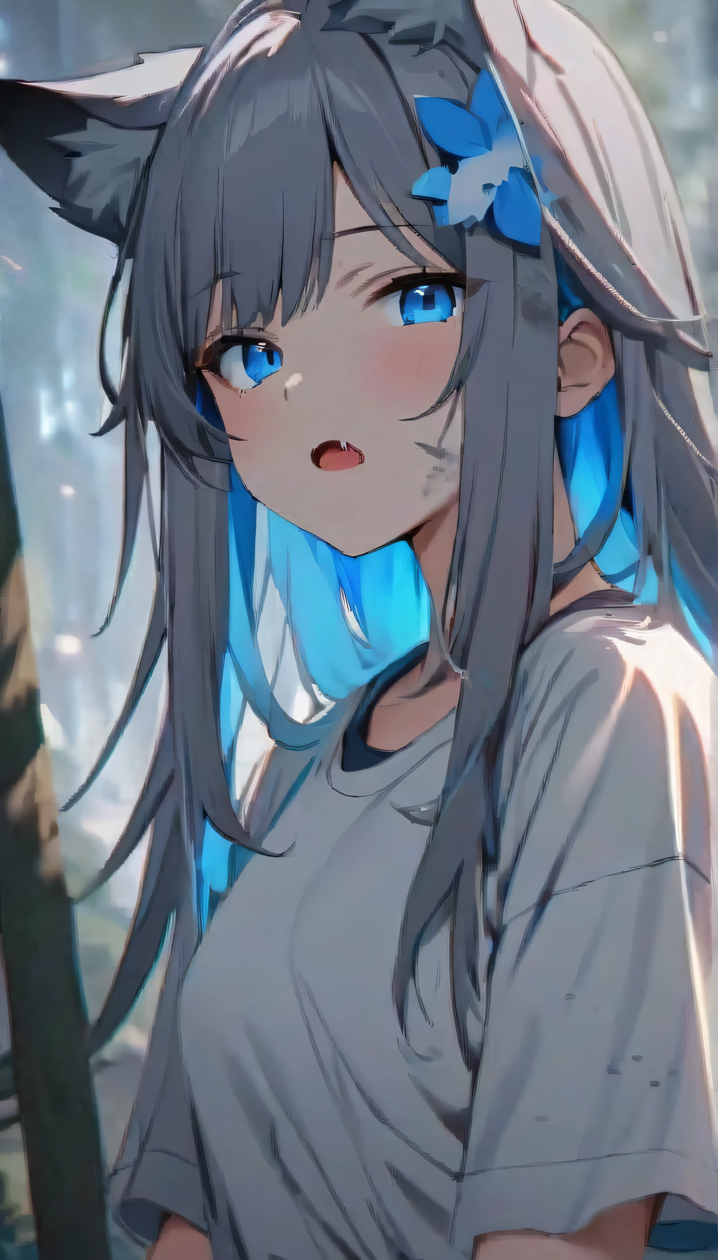 Resolution full, best quality, masterpiece, full HD, beautifull girl, foggy theme, super detailed, 1girl, long hair, dark grey hair, blue inner hair, wolf ears, blue flower hair ornament, detailed beautiful cyan eyes. Open mouth. Fang,  Dirty. Bandage at girl face. white T - shirt oversized, holding glowing, holding katana. At post apocalypse cuty, overgrown, bokeh. Depth of field.