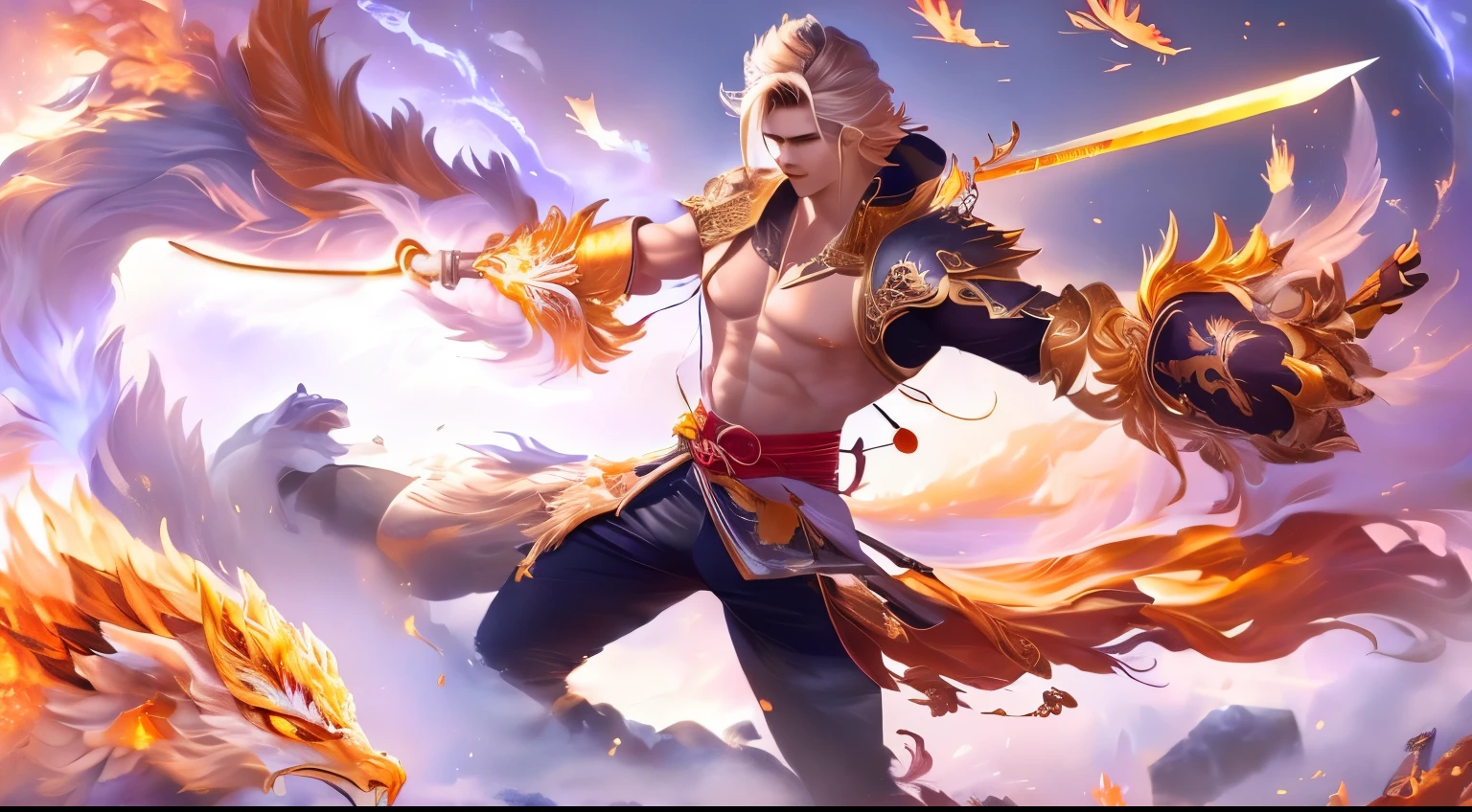 a close up of a person holding a sword and a fire, inspired by Yang Jin, heise jinyao, inspired by Huang Shen, sun wukong, zhongli from genshin impact, keqing from genshin impact, phoenix warrior, bian lian, xianxia hero, flying scarlet phoenix, by Ren Renfa, g liulian art style, realistis 