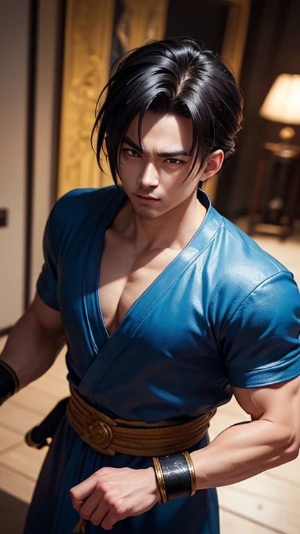 8k Masterpiece, Maximum resolution, every detail, Meticulous attention to detail, Depth of Field, Vibrant colors, Beautiful composition: Anime character Gohan's dark hair and glowing eyes are impressive with beautifully detailed lighting, Standing against a dark and sinister background. This handsome demon slayer is the epitome of bad guy in fantasy art. Wearing a shirt.