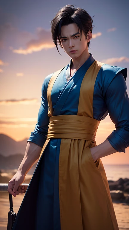 8k Masterpiece, Maximum resolution, every detail, Meticulous attention to detail, Depth of Field, Vibrant colors, Beautiful composition: Anime character Gohan's dark hair and glowing eyes are impressive with beautifully detailed lighting, Standing against a dark and sinister background. This handsome demon slayer is the epitome of bad guy in fantasy art. Wearing a shirt.