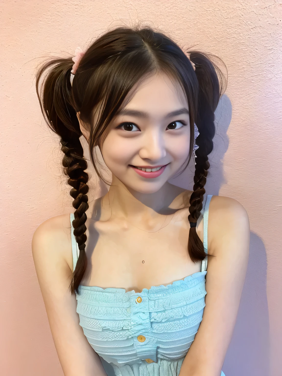 (highest quality、8k、32k、masterpiece、Hmph:1.2)、20-year-old、Cute Japanese Women Photos、thin、slender、1 girl、(Twin tails)、(Small Tits)、double eyelid、 Pink bandeau dress:1.1,Thighs、Light blue wall、whole body、smile、sexy