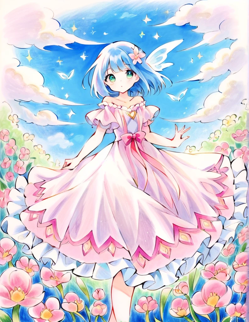Colored Pencil Art, The charming girl with short, bright light blue hair is dressed in a fluttery, frilly dress. Her attire sparkles under the bright sunlight, swaying gracefully with her movements. The dress, with its girlish design, blends pink and white pastel colors, exuding an aura of innocence and dreaminess. She walks through a field of flowers, gazing at the surrounding world with a curious and lively spirit, (colored pencil strokes, light color, visible paper texture, colored pencil art)