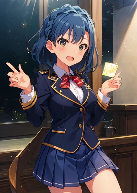 Mirai Kasuga, (highest quality, 8k, masterpiece, Very detailed:1.2), (Lens flare, Particles of light, Shine), Big Breasts, smile, Open your mouth, masterpiece, highest quality, Very detailed, High resolution, Very detailedなCG, (Official Art), Navy Blue Blazer, Check skirt, Light blue skirt, Short skirt, (Embarrassing:1.1), (blush:1.2), Open your mouth, (shout:1.1), (Moving lines:1.1), blue sky, School, Cowboy Shot