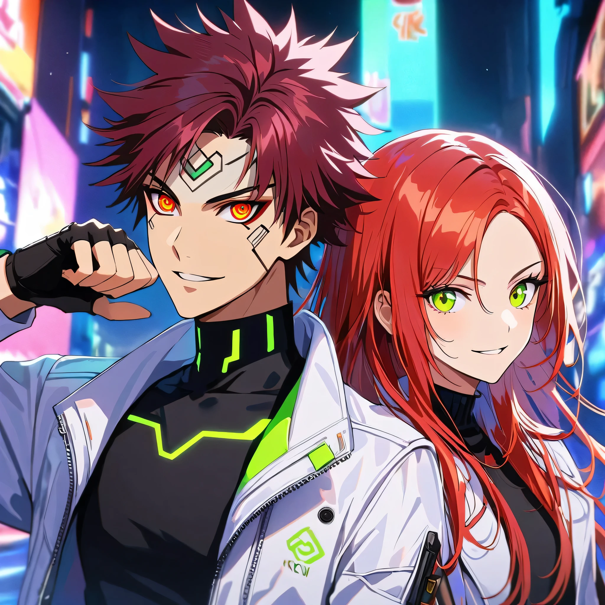 two persons, A man and a girl , [man (Kyo Kusanagi look a like, long strands falling on the forehead) holding a perfect neon katana wearing a leather white jacket and black t shirt], stand and confident pose, confidente smile, cyberpunk, night, fingerless gloves , red hair, neon eyes, ultra detailed face, and his gorgeous sister; [girl with white long hair and green neon eyes, cute, gorgeous] dangerous look