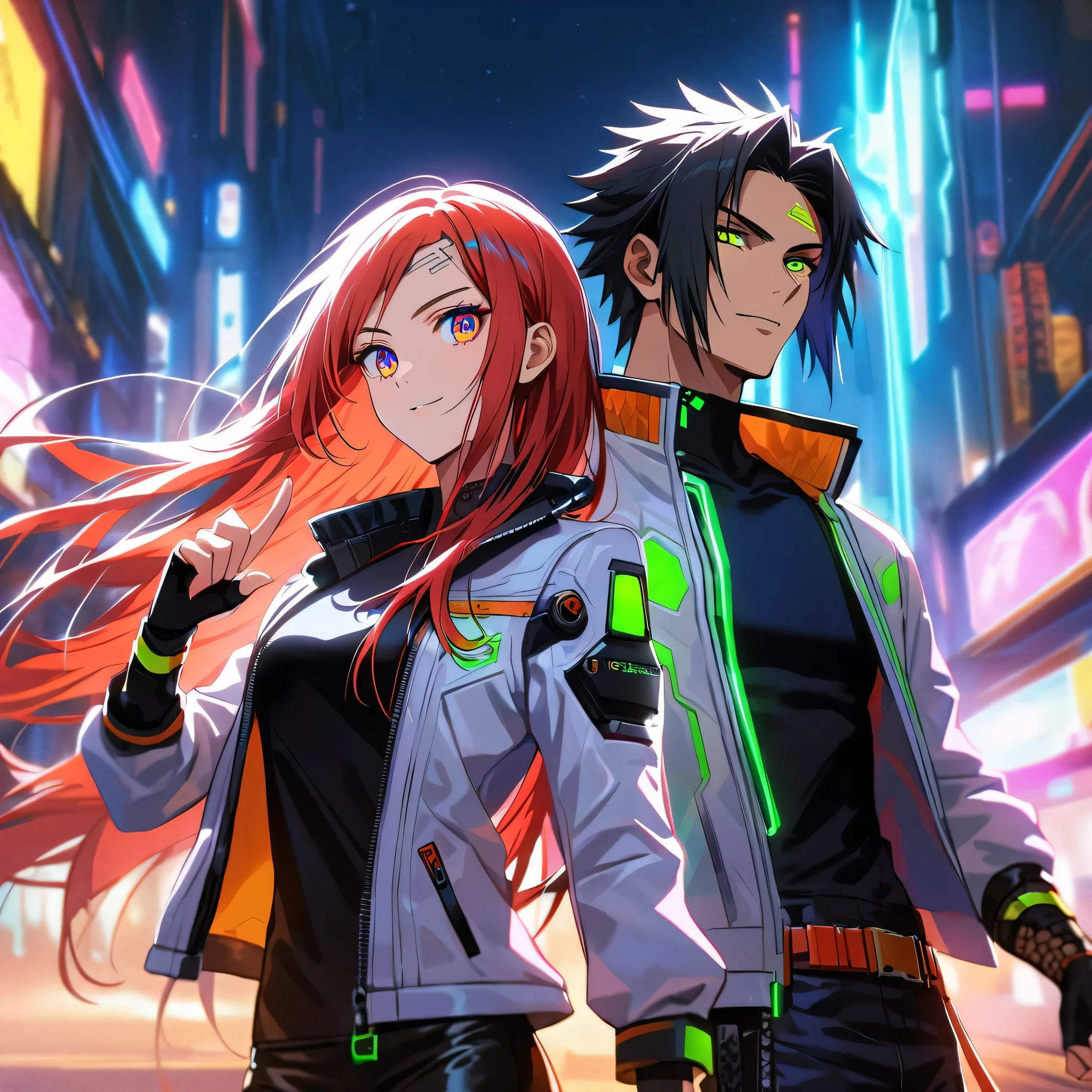 two persons, A man and a girl , [man (Kyo Kusanagi look a like, long strands falling on the forehead) holding a perfect neon katana wearing a leather white jacket and black t shirt], stand and confident pose, confidente smile, cyberpunk, night, fingerless gloves , red hair, neon eyes, ultra detailed face, and his gorgeous sister; [girl with white long hair and green neon eyes, cute, gorgeous] dangerous look