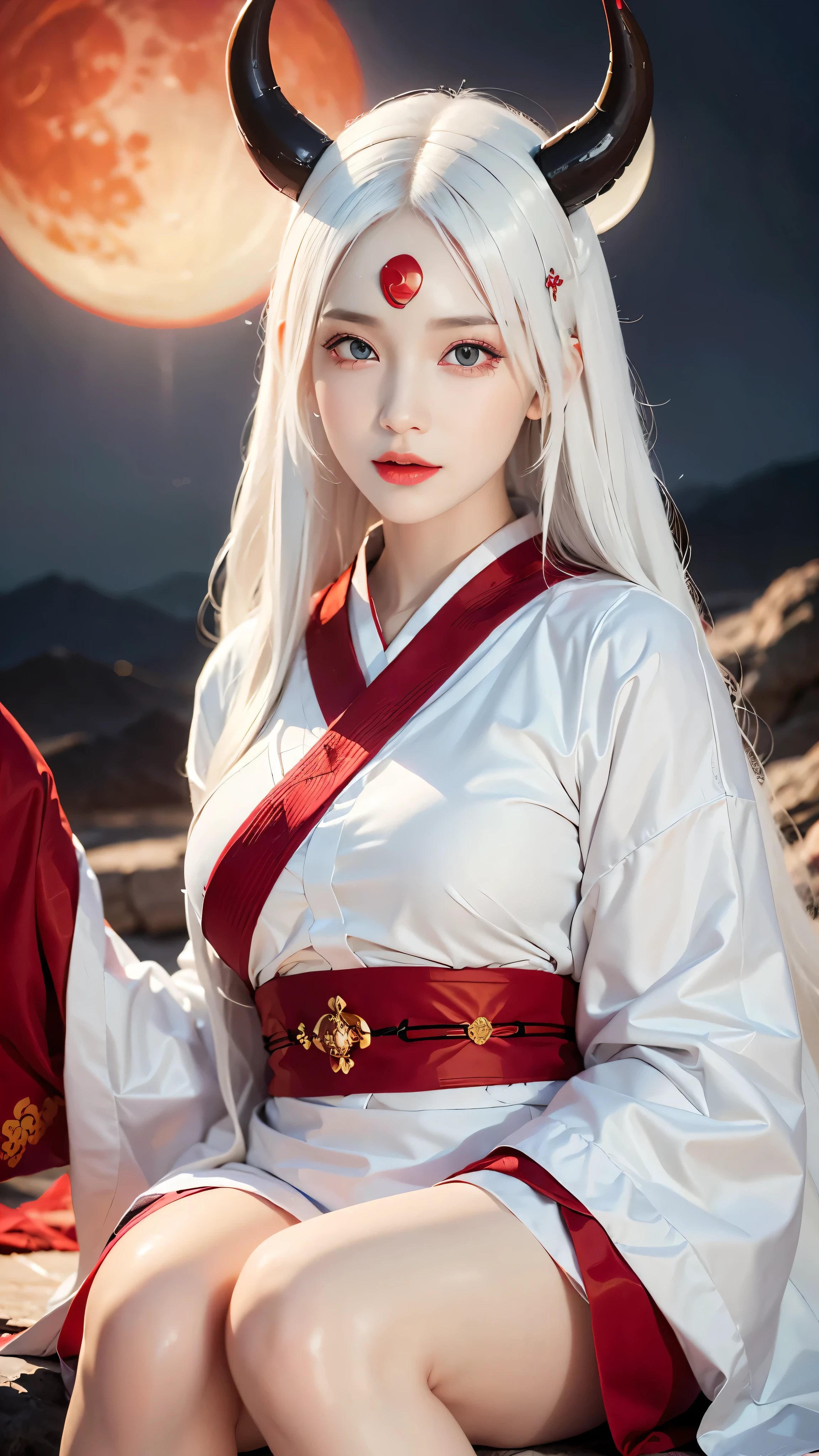 face lighting,bright backlight,super high resolution,best quality,Photos,4k,(Realistic:1.2),huiye,1girl,(kimono:1.1),(the third eye:1.3),horns,(pale skin:1.5),(white hair:1.2),long hair,(night:1.2),
(red moon:1.4),