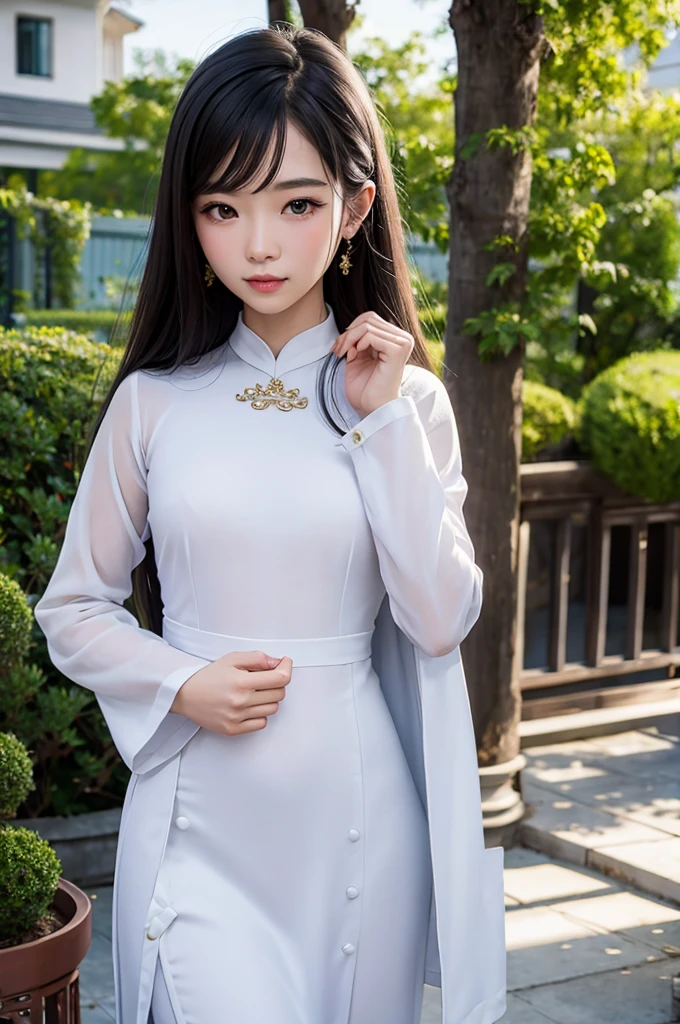 Photorealistic,masterpiece, best quality,ultra-detailed,vietnamese girl,18yo,cute,((pulls up her ao dai and shows her panties)),She takes great pleasure in showing off her panties to viewer,Ao dai,latest sensational fashion,hair,black hair,small breast,very happy,very slutty,outdoor,Hanoi,Vietnam,
