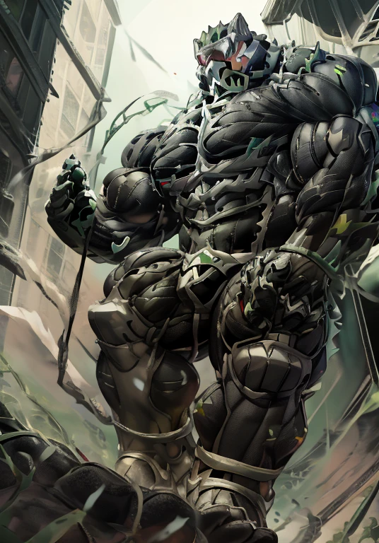 MONOMASA, (gigantic muscles), 8K, Masterpiece, highres, future fiction. Detailed head, Detailed Body, full body, Detailed abs, wearing crNanosuit, big muscle (pecs, triceps, traps) unusually developed muscular body, body full of huge muscles. showing off muscles, pectorales enormes. Exaggeratedly huge muscles. Gigachad Muscular, gigantic muscles, Colossal giant NANOSUIT over a battlefield, 
The claws are sharp,
Sharp teeth,
Spread wings, have big wings.
nj5furry, Animal paws, 50ft, micro city, footstomp