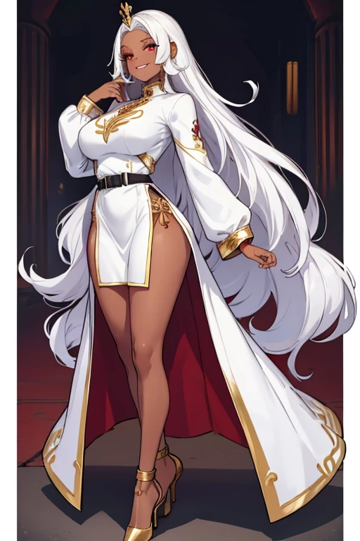 female, white long hair, red eyes, dark skin, (((1girl))), (((white long sleeve dress))), (black belt), (gold heels), (gold jewelry), cute and sexy, full body, large breasts, large butt, long legs, smiling