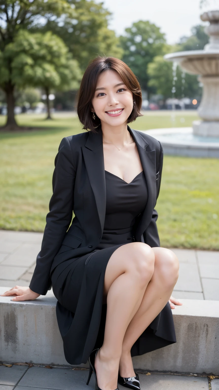 最high quality, In 8K, Masseter region, Vibrant, Sharp focus, high quality, High resolution, Detailed face, Fine grain, Thick lips, (Looking at the audience), alone, Beautiful woman, 38 years old, Japanese women, (Short black hair:1.4)、(Bob Hair:1.4), Cleavage, Lunch break、Big city park、Green grass、In front of a large fountain、(sitting on a park bench:1.3)、(Full body photo:1)、(Black formal dress:1.5)、(Knee-length dress:1.5)、(Black pumps:1.5)、(red lipstick:1)、(smile:1.3)、(Standard body shape)、(D cup breasts)