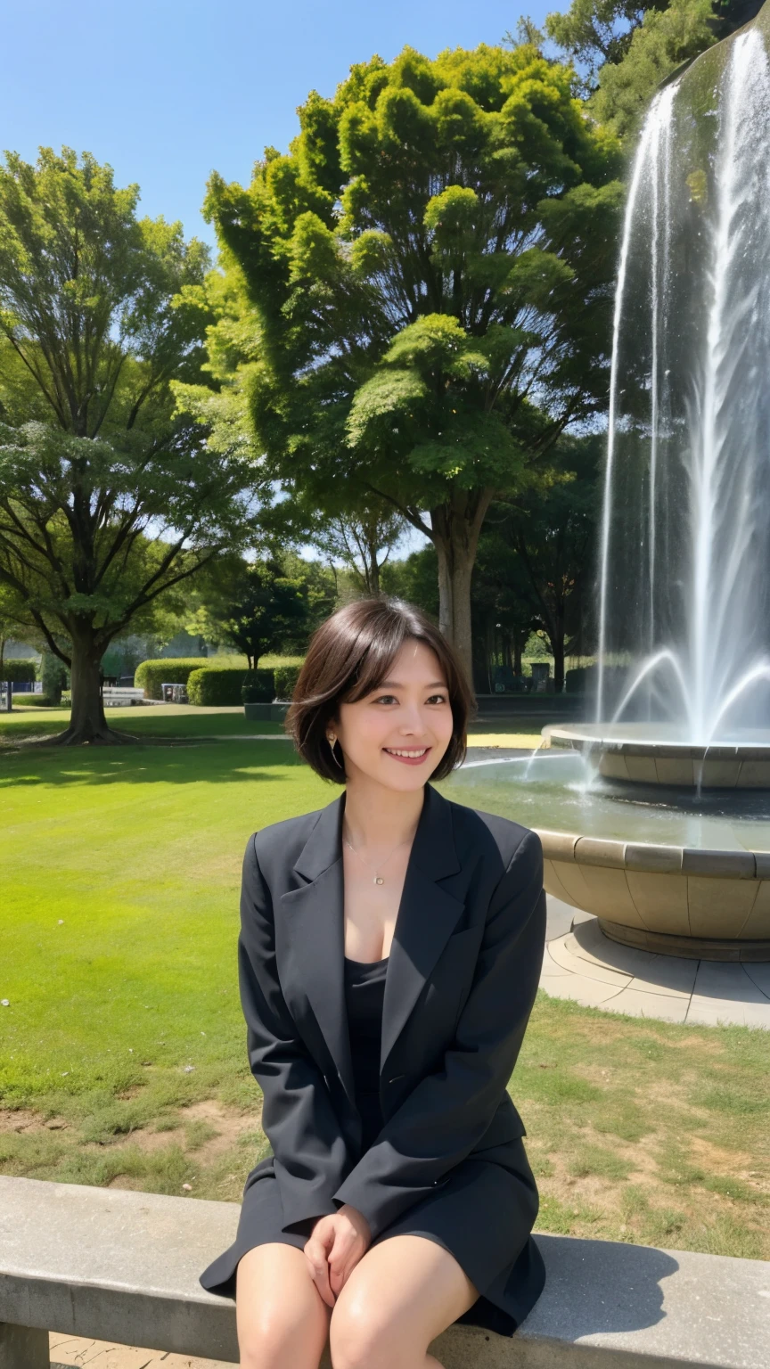 最high quality, In 8K, Masseter region, Vibrant, Sharp focus, high quality, High resolution, Detailed face, Fine grain, Thick lips, (Looking at the audience), alone, Beautiful woman, 38 years old, Japanese women, (Short black hair:1.4)、(Bob Hair:1.4), Cleavage, Lunch break、Big city park、Green grass、In front of a large fountain、(sitting on a park bench:1.3)、(Full body photo:1)、(Black formal dress:1.5)、(Knee-length dress:1.5)、(Black pumps:1.5)、(red lipstick:1)、(smile:1.3)、(Standard body shape)、(D cup breasts)