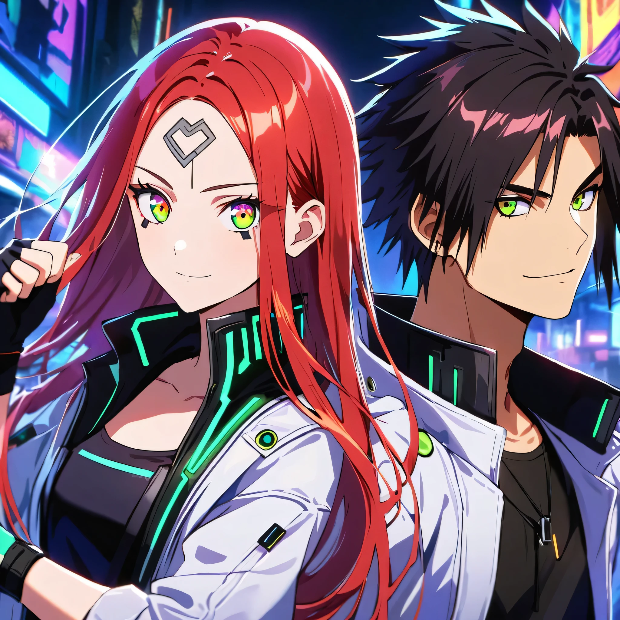 two persons, A man and a girl , [man (Kyo Kusanagi look a like, long strands falling on the forehead) holding a perfect neon katana wearing a leather white jacket and black t shirt], stand and confident pose, confidente smile, cyberpunk, night, fingerless gloves , red hair, neon eyes, ultra detailed face, and his gorgeous sister; [girl with white long hair and green neon eyes, cute, gorgeous] dangerous look