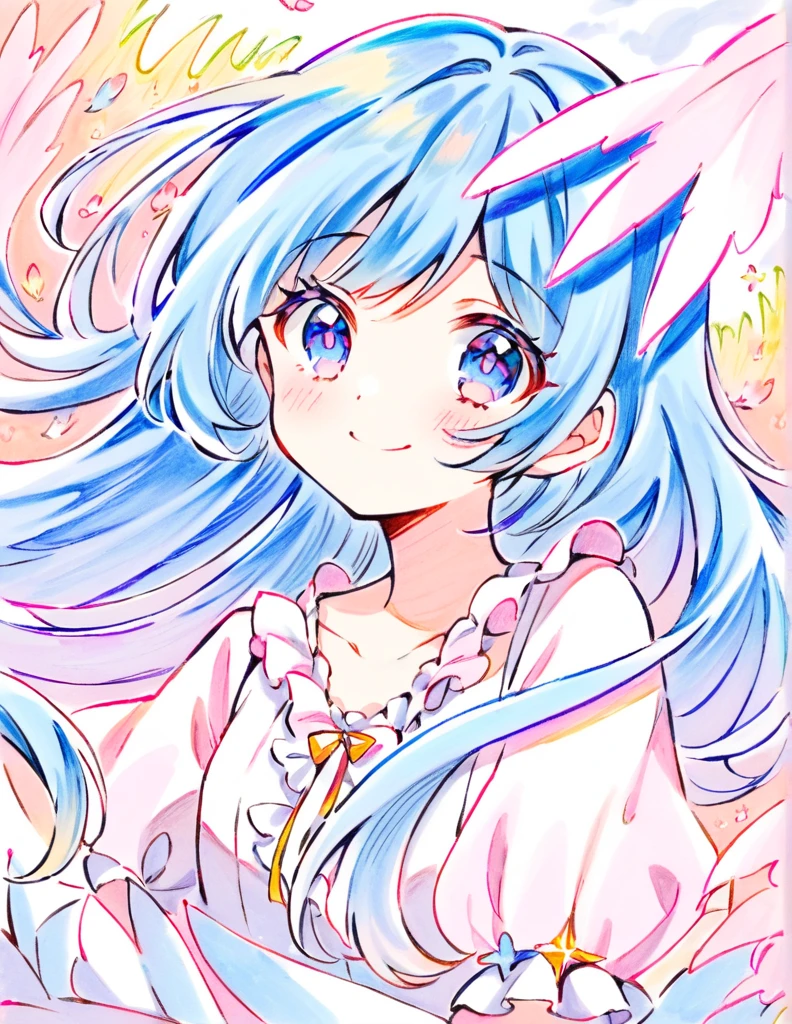 Colored Pencil Art, close up face, smile, The charming girl with short, bright light blue hair is dressed in a fluttery, frilly dress. Her attire sparkles under the bright sunlight, swaying gracefully with her movements. The dress, with its girlish design, blends pink and white pastel colors, exuding an aura of innocence and dreaminess. She walks through a field of flowers, gazing at the surrounding world with a curious and lively spirit, (colored pencil strokes, light color, visible paper texture, colored pencil art)