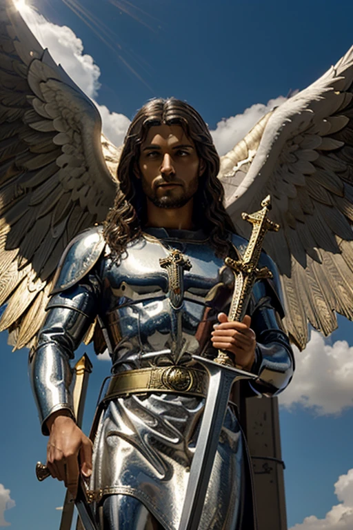Saint Michael the Archangel, religious art, Saint Raphael the Archangel, God as Jesus next to them, Saint Gabriel the Archangel, masterpiece, light rays, holding sword, looking towards eternity