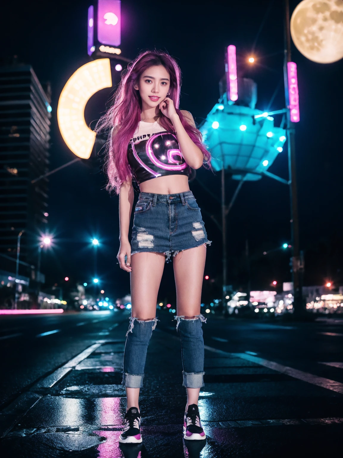 (best quality,4k,highres:1.2),ultra-detailed,(realistic:1.37),Beautiful Thai college student,Long pink hair,hip-hop cloth,miniskirt jeans,night,neon,flying saucer,abduction,galaxy ship background,neon lights,black clothes with led,futuristic cityscape,reflection on wet pavement,dynamic motion,clouds swirling,vibrant colors,glowing moon,sparkling stars,shadows playing with light,neon costume,(all body),happy face,