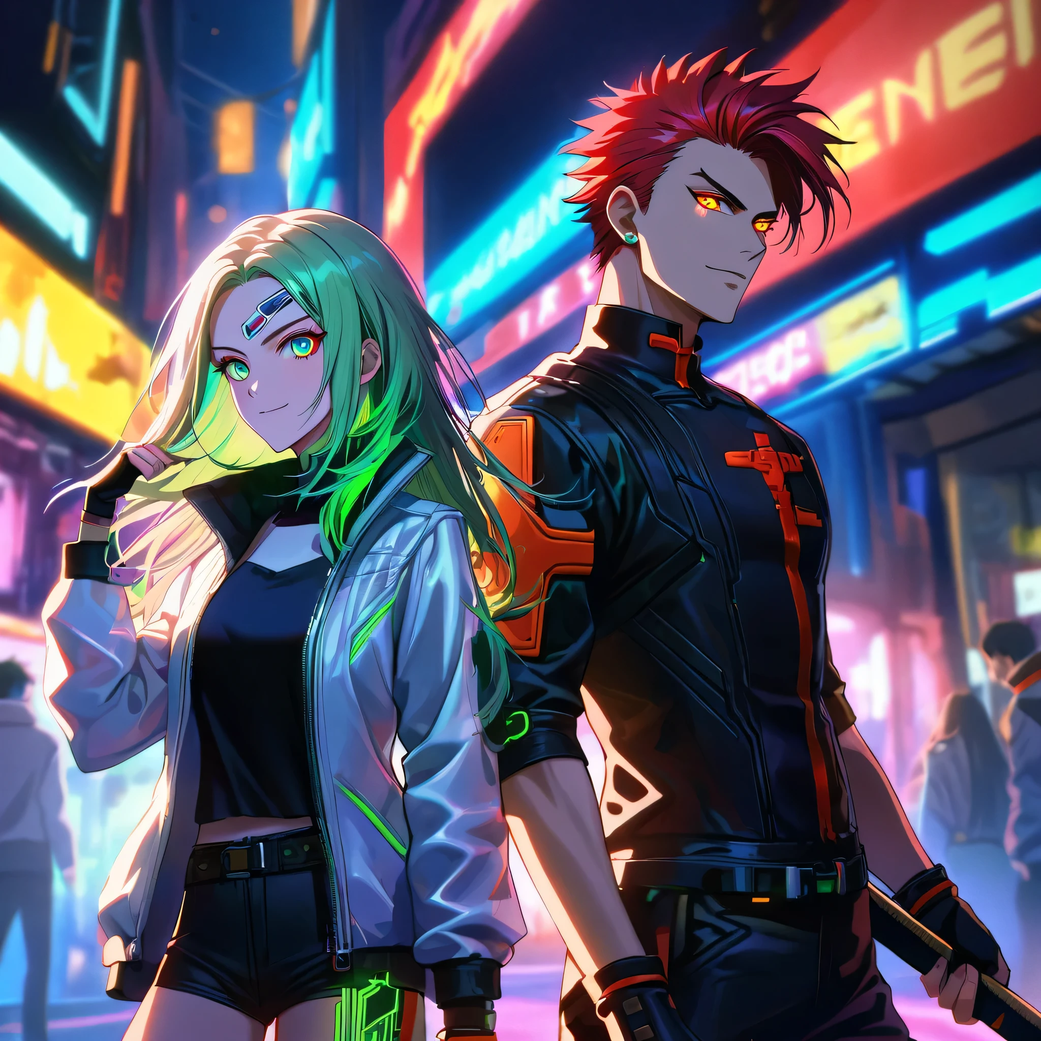 two persons, A man and a girl , [man (Kyo Kusanagi look a like, long strands falling on the forehead) holding a perfect neon katana wearing a leather white jacket and black t shirt], stand and confident pose, confidente smile, cyberpunk, night, fingerless gloves , red hair, neon eyes, ultra detailed face, and his gorgeous sister; [girl with white long hair and green neon eyes, cute, gorgeous] dangerous look