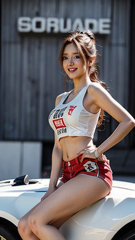 (High resolution 8K),( highest quality), Very detailed, (masterpiece), Realistic,  Very detailedなかわいい女の子,( Age 25), (From the whole body to the toes:1.2),(Shooting from the side:1.2),(sitting on the hood of a car),(Race Queen),(Natural pose),(Hair tying pose),(Big Breasts),(Big Ass),(Smiling for the camera),( Smiling while looking at the camera ),(Full Body Shot:1.2) ,((Side shot 1.2)),(ponytail),(photoRealistic:1.3),((Wear a sponsored grid girl costume,He is wearing a white tank top with a logo printed on it..)), ((Red shorts with logo print)),(Participate in a motorsport race), (Look at me and smile),
