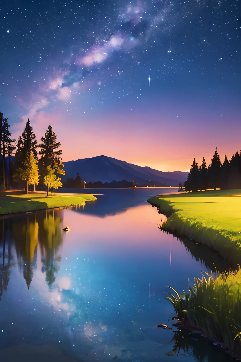 night sky, lake,