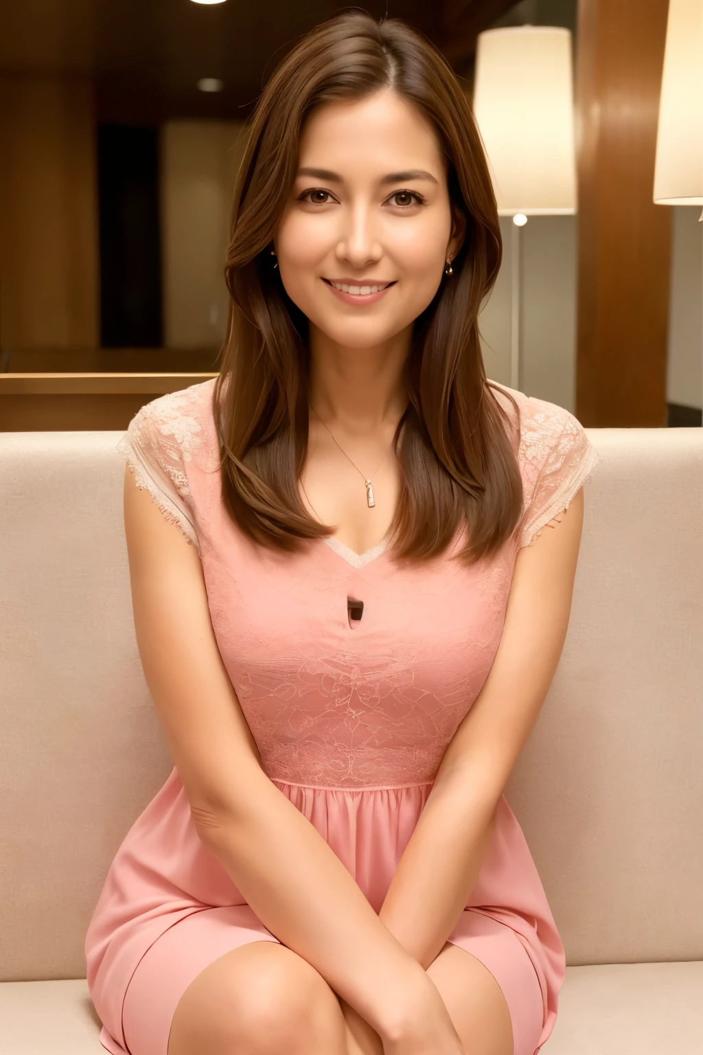 highest quality, masterpiece, High resolution, Photoreal, RAW photo, 8k wallpaper, perfection, professional lighting, very detailed, Depth of the bounds written, ((one beautiful woman)), ((40 year old sexy woman)), (in the hotel lobby), ((A dress with a flashy color or pattern)), ((look into the viewer's eyes)), detailed face, beautiful eyes, (sit with correct posture), (sit facing forward), well-shaped small breasts, (sexy look), light brown straight hair, (thick lips), ((arm between legs))