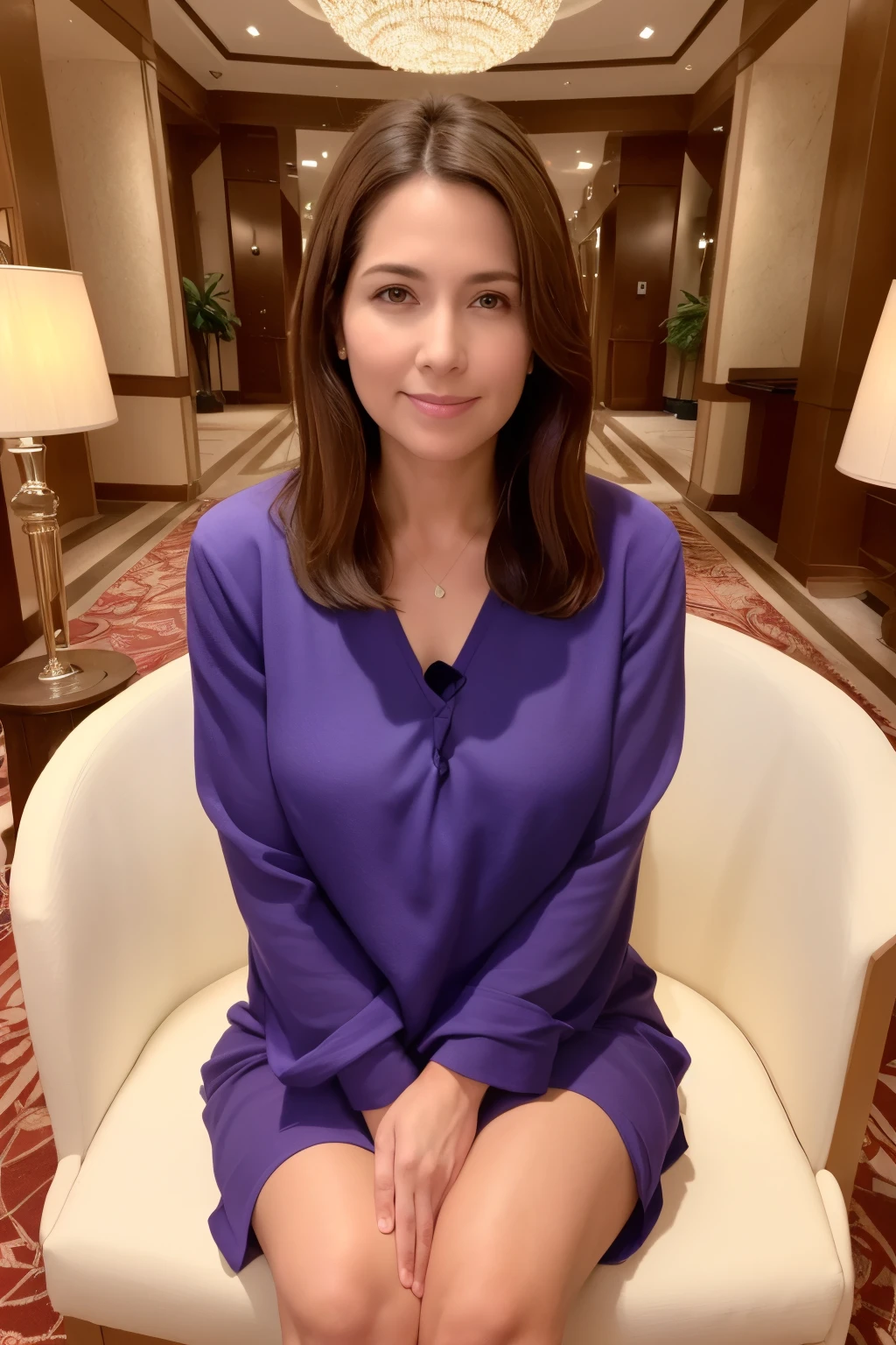 highest quality, masterpiece, High resolution, Realistic, RAW Photos, 8k wallpaper, perfection, Professional Lighting, Very detailed, Written boundary depth, ((One beautiful woman)), ((Sexy 40 year old women)), (In the hotel lobby), ((Brightly colored dresses)), ((Looking at the camera)), Detailed face, Beautiful Eyes, (Sit with the correct posture), (Sit facing forward), Shapely breasts, (Sexy look), (Light brown straight hair), ((symmetrical hair length)), (Thick lips), ((Place your arms between your legs))