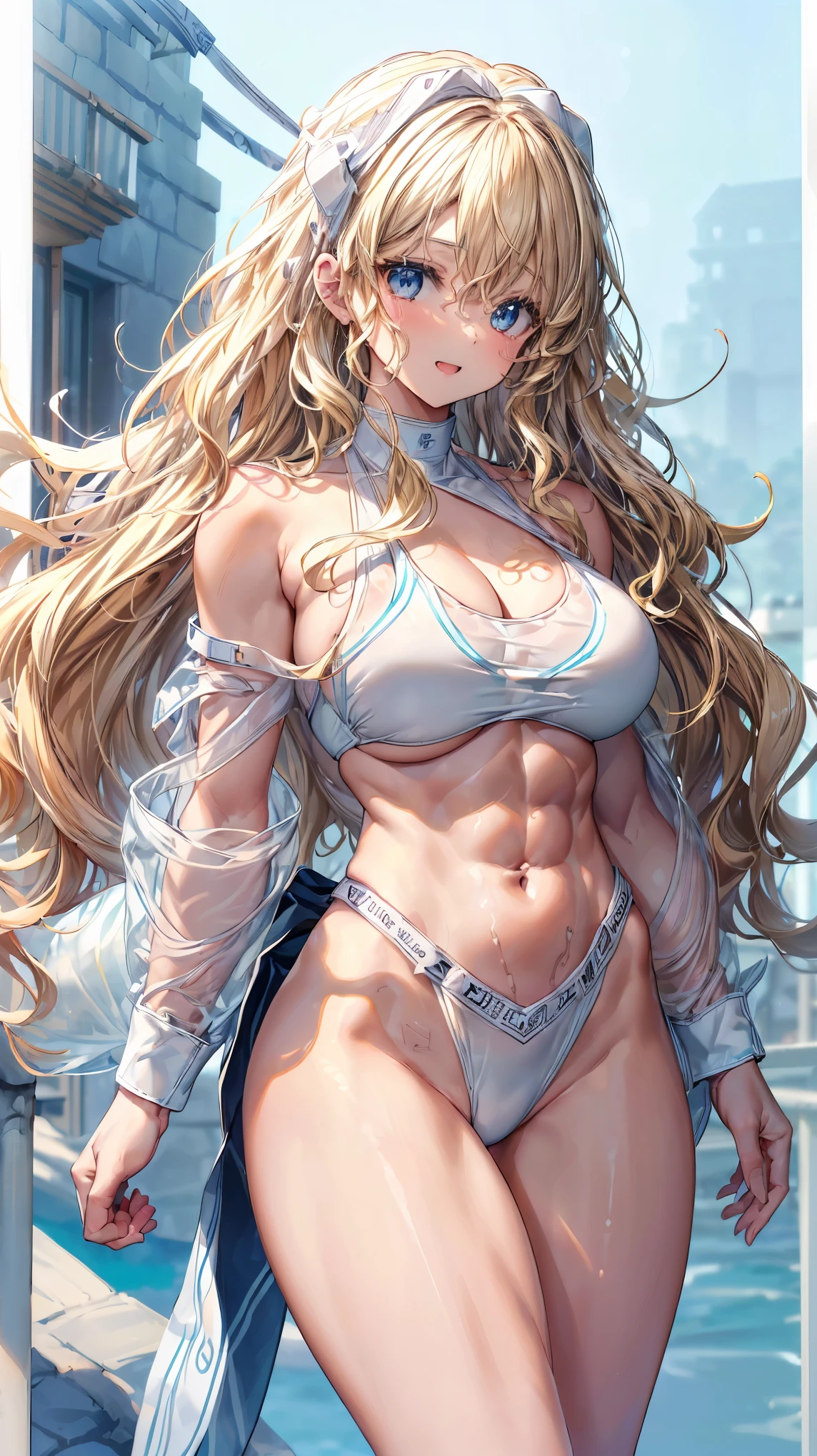 (Adult women:1.5)、Very detailed、highest quality、Best image quality、masterpiece、8k、Anime Face、A kind smile、(Open your mouth:1.3)、Sparkling blue eyes、(Blonde Wavy Hair:1.5)、、Muscles of the whole body、(High leg:1.5)、Thigh belt、(Wearing a white bikini:1.5)、(Cowboy Shot:1.5)、SFW Giant