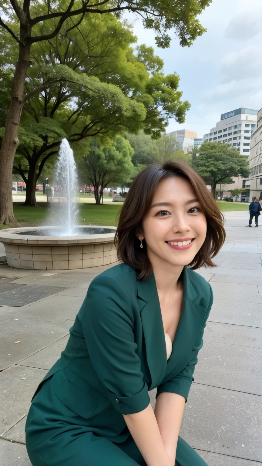 最high quality, In 8K, Masseter region, Vibrant, Sharp focus, high quality, High resolution, Detailed face, Fine grain, Thick lips, (Looking at the audience), alone, Beautiful woman, 38 years old, Japanese women, （Short black hair:1.4）、（Bob Hair:1.4）, Cleavage, Lunch break、Big city park、Green grass、In front of a large fountain、（sitting on a park bench:1.3）、（Full body photo:1）、（Red formal dress:1.5）、（Knee-length dress:1.5）、（Black pumps:1.5）、（red lipstick:1）、（smile:1.3）、（Standard body shape）、（D cup breasts）