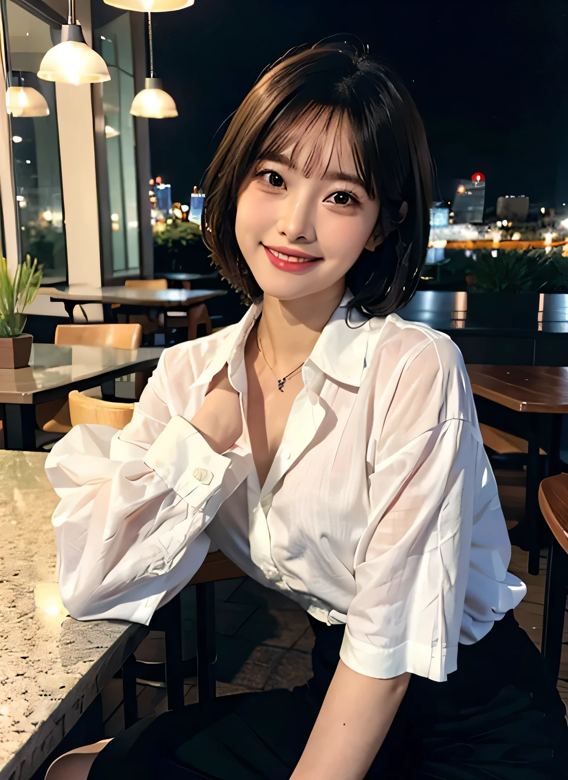 (8k, best quality, masterpiece:1.2), (realistic, photo-realistic:1.37), ultra-detailed, 1 girl,cute, solo,beautiful detailed sky,detailed cafe,night,sitting,dating,(nose blush),(smile:1.15),(closed mouth) small breasts,beautiful detailed eyes,(collared shirt:1.1), night, wet,business attire, rain,white lace, (short hair:1.2),floating hair NovaFrogStyle,