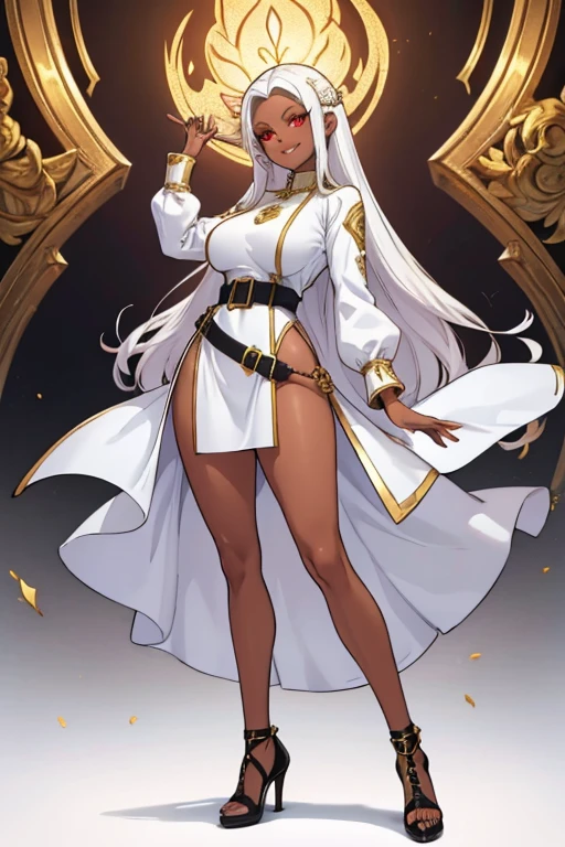 female, white long hair, red eyes, dark skin, (((1girl))), (((white long sleeve dress))), (black belt), (gold heels), (gold jewelry), cute and sexy, full body, large breasts, large butt, long legs, smiling
