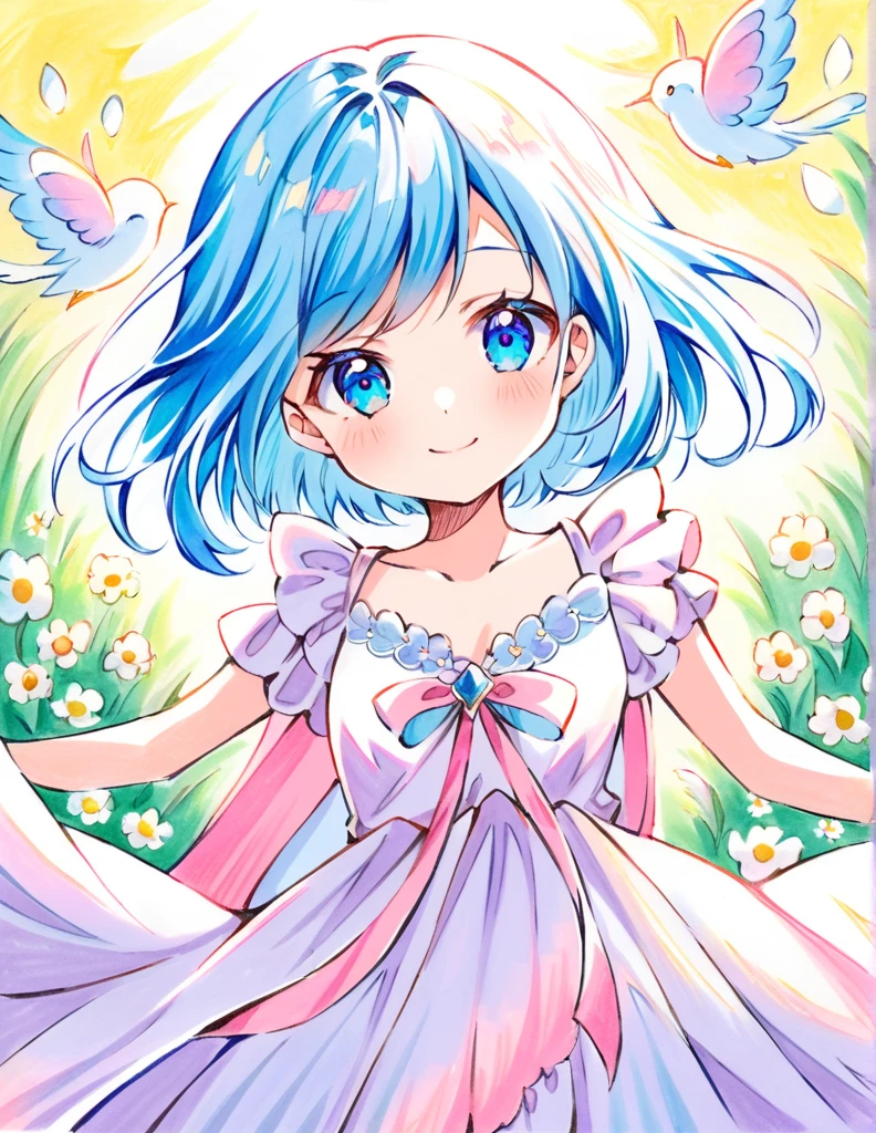 Colored Pencil Art, close up face, smile, The charming girl with short hair, bright light blue hair is dressed in a fluttery, frilly dress. Her attire sparkles under the bright sunlight, swaying gracefully with her movements. The dress, with its girlish design, blends pink and white pastel colors, exuding an aura of innocence and dreaminess. She walks through a field of flowers, gazing at the surrounding world with a curious and lively spirit, (colored pencil strokes, light color, visible paper texture, colored pencil art)