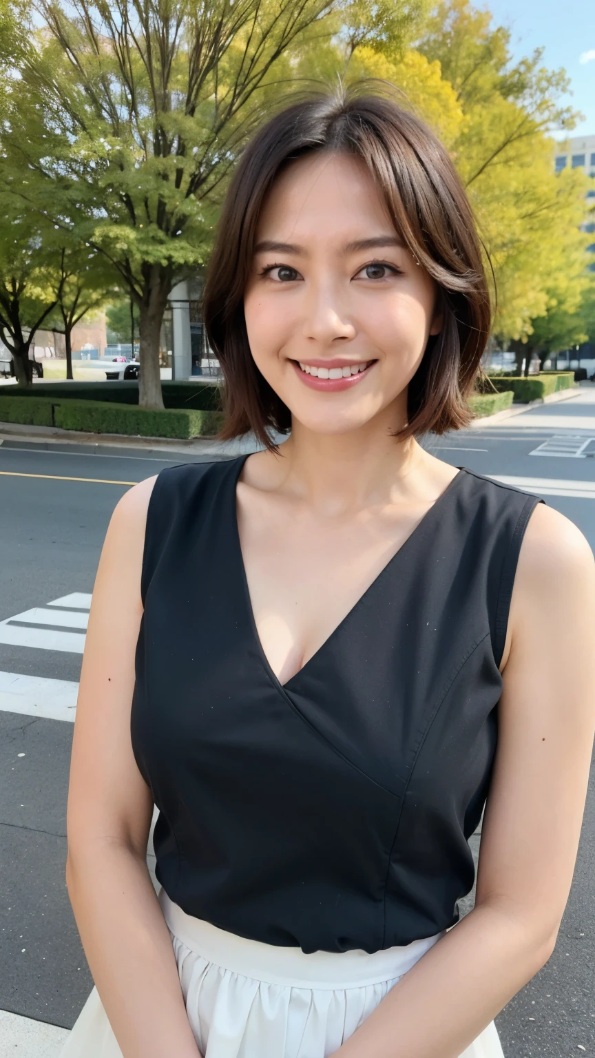 最high quality, In 8K, Masseter region, Vibrant, Sharp focus, high quality, High resolution, Detailed face, Fine grain, Thick lips, (Looking at the audience), alone, Beautiful woman, 38 years old, Japanese women, (Short black hair:1.4)、(Bob Hair:1.4), Cleavage, Lunch break、Big city park、Green grass、In front of a large fountain、(sitting on a park bench:1.3)、(Full body photo:1)、(White formal dress:1.5)、(Knee-length dress:1.5)、(Black pumps:1.5)、(red lipstick:1)、(smile:1.3)、(Standard body shape)、(D cup breasts)
