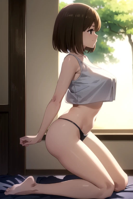 masterpiece, best quality, ultra detailed, highres, extremely detailed CG unity 8k wallpaper, perfect lighting, very detailed background, beautiful and aesthetic,sharp focus, perfect face,
1lady、 smiling、
short brown hair, large light brown eyes、delicate oval face, middle breasts、Slim figure、
white crop top、white shorts、
thin thong、barefoot、
Ambient light、Volumetric Light、shoot from side