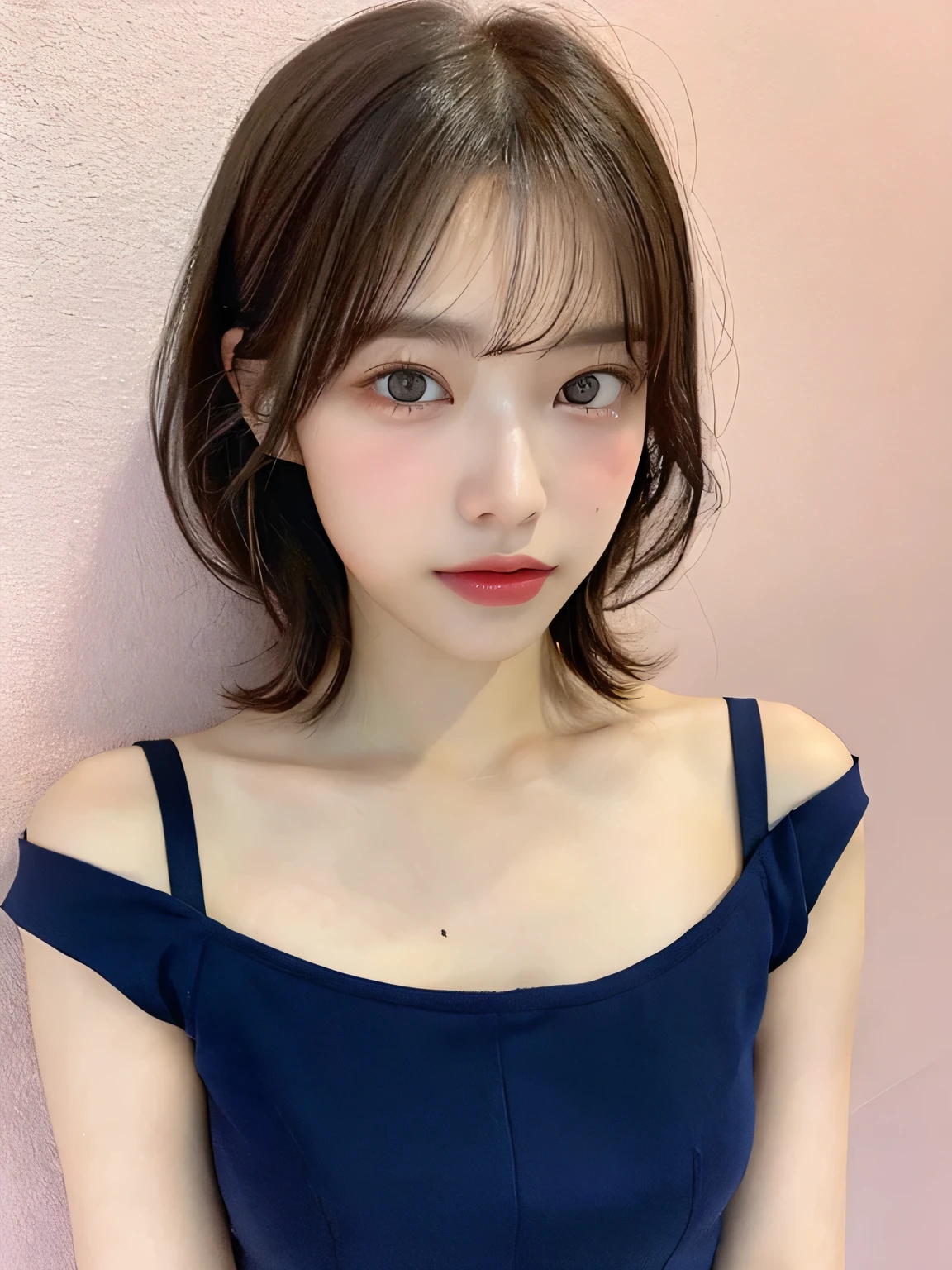 one person、、whole body、slender、woman、White drool coming out of the mouth、Short hair, fair skin, messy hair, super cute、Soft and Face、Brown Hair、8k resolution、Surreal、Ultra high definition、 A-cup small breasts((Highest resolution、8k、masterpiece:1.3))、Ultra-fine face、Ultra Fine Lips、Beautiful Eyes、double eyelid,Pink wall、Navy blue bandeau dress:1.1、Thighs、thin,Thighs are visible、Shapely small breasts、