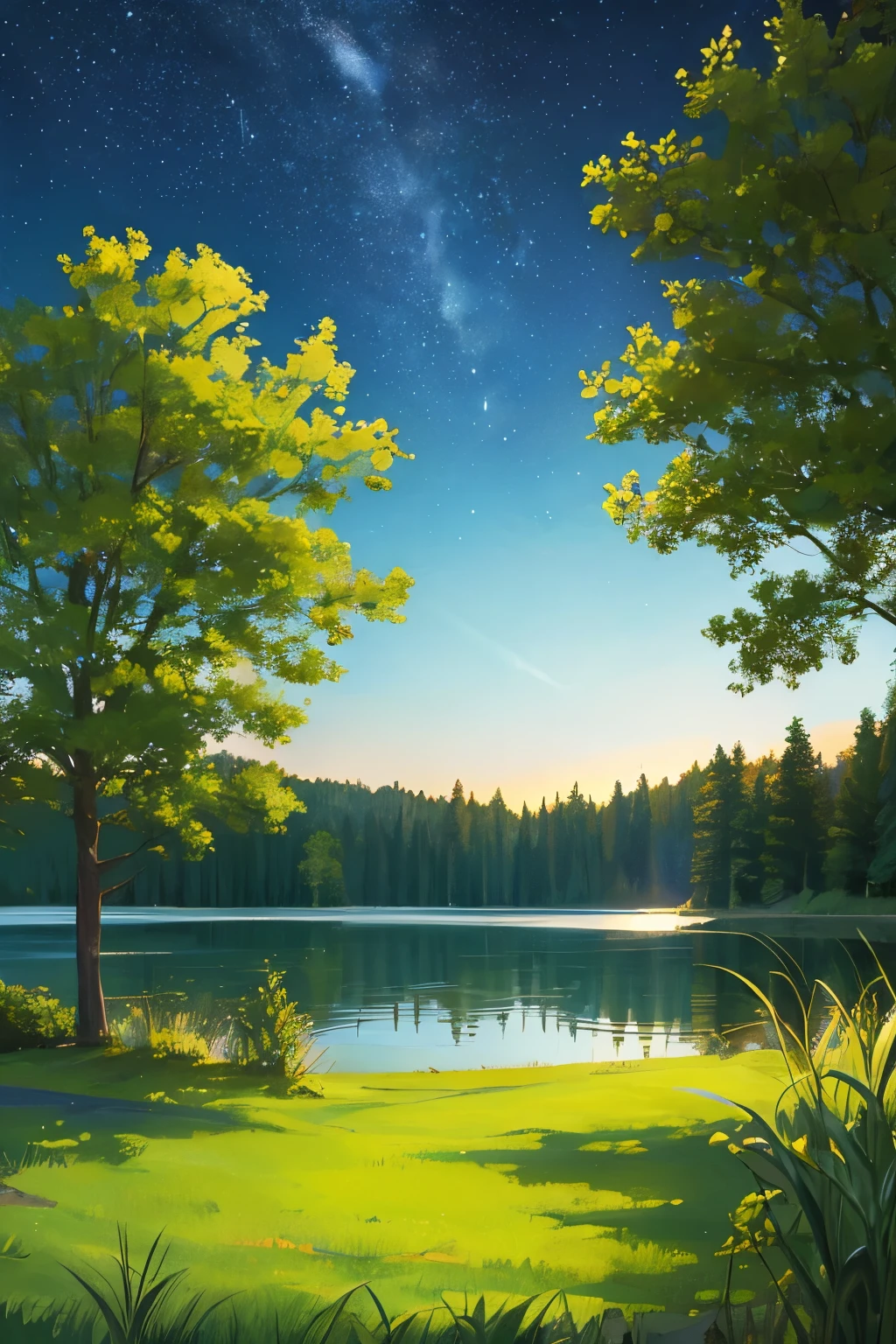 night sky, lake, forest background, grass