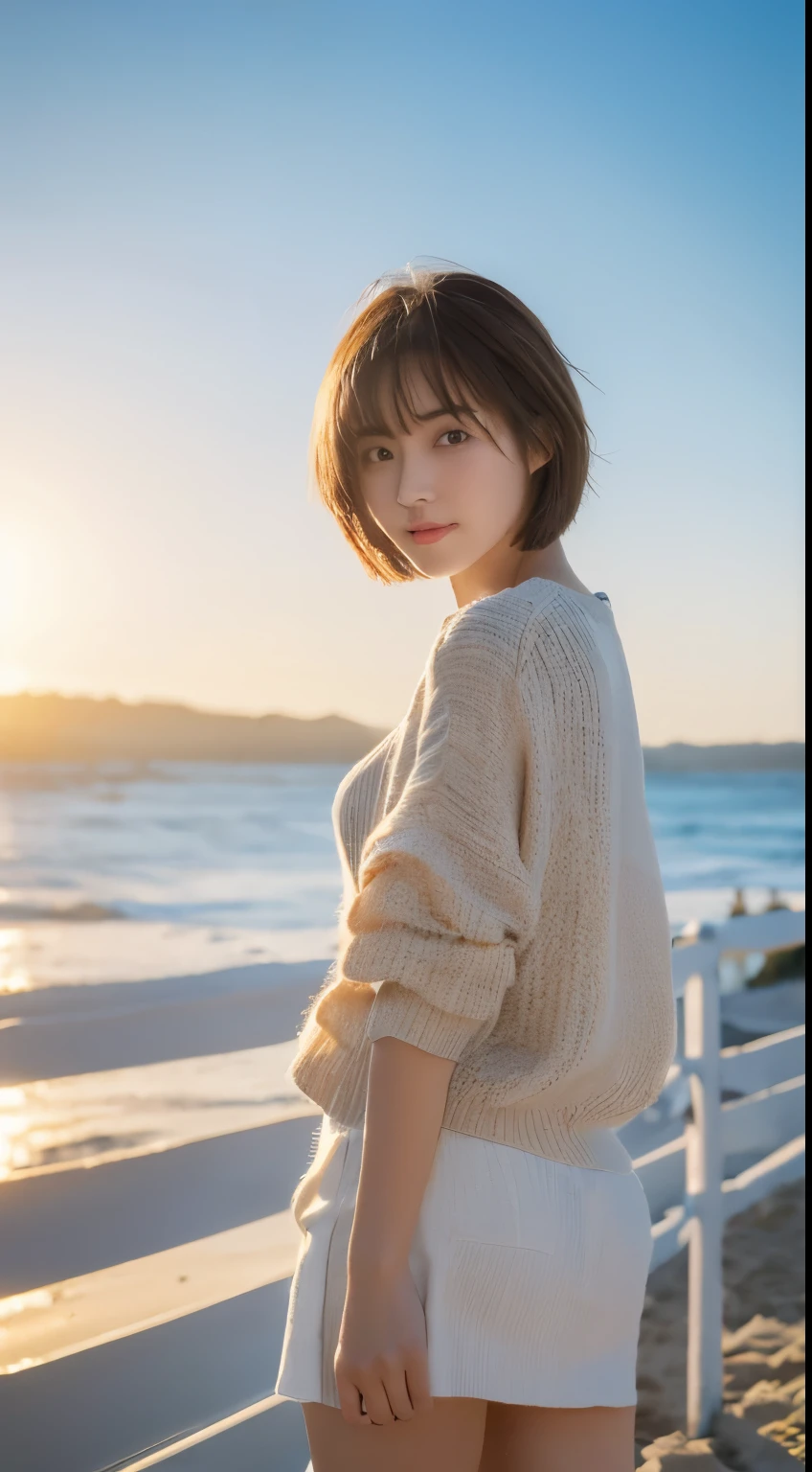 8k highest quality, masterpiece, super high resolution, (Photorealsitic:1.5), raw photo, 1 girl, bright light, background is the coast, cute,, miniskirt, sexy appearance, short hair, ((very_short_hair))