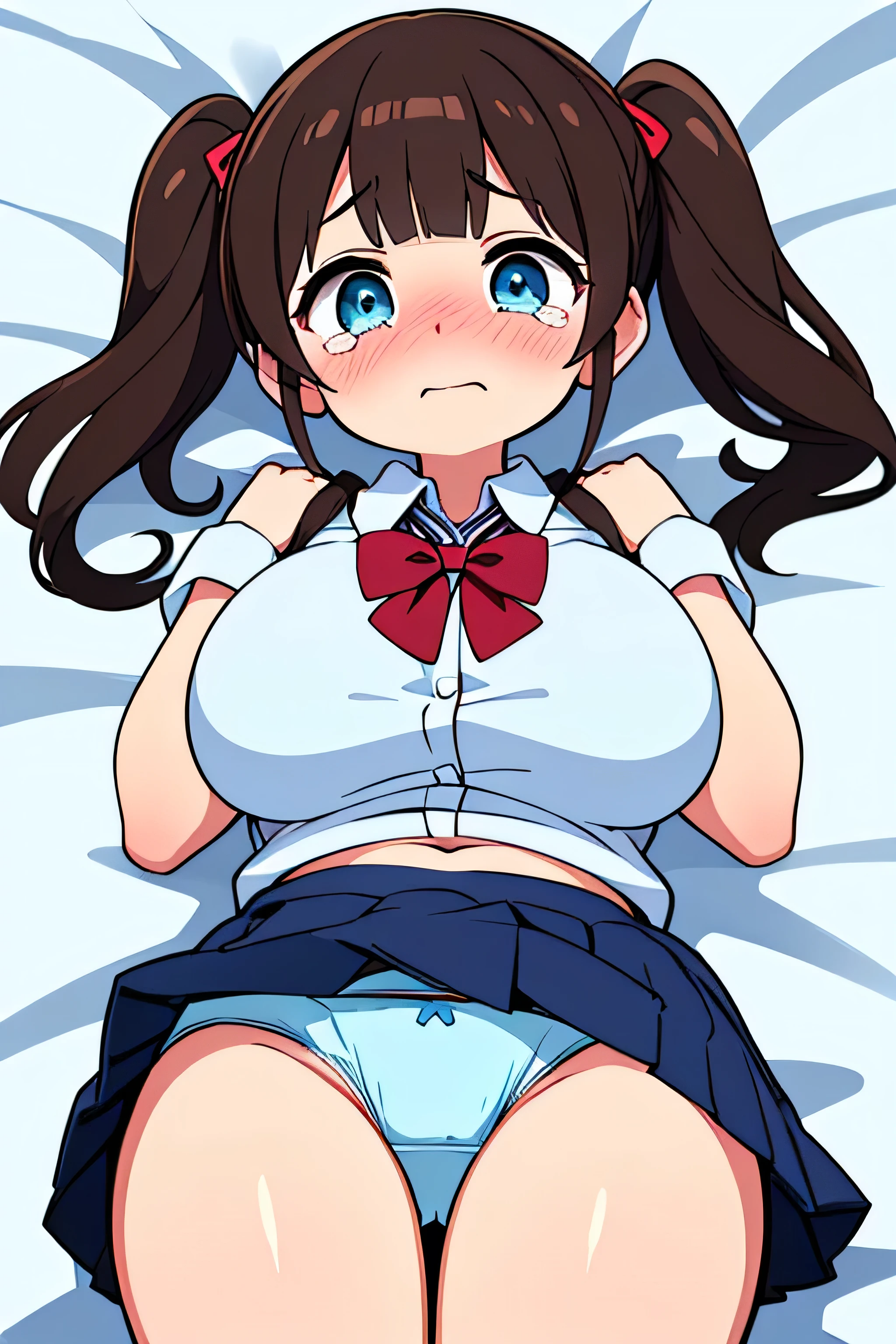 (((masterpiece,High resolution,high quality,Very detailed,8k,An illustration))),(((Baby Face,Beautiful eyes,Droopy eyes,Embarrassed,In tears))),(((Very large breasts))),(Bursting Breasts),((Abundant thighs)),((Dark brown hair,Low position short,Pigtails,No sideburns,Blunt bangs))),((Looking at the camera,Lying on the sheets),(((White shirt,checked short skirt,Light blue underwear,school uniform)),