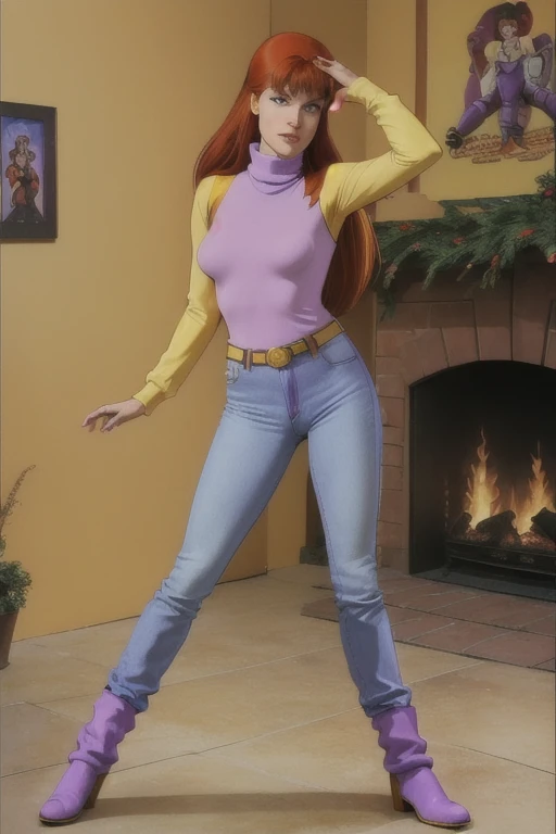 absurdres, mary jane watson, upper body, yellow sweater with purple turtleneck boots, jeans 